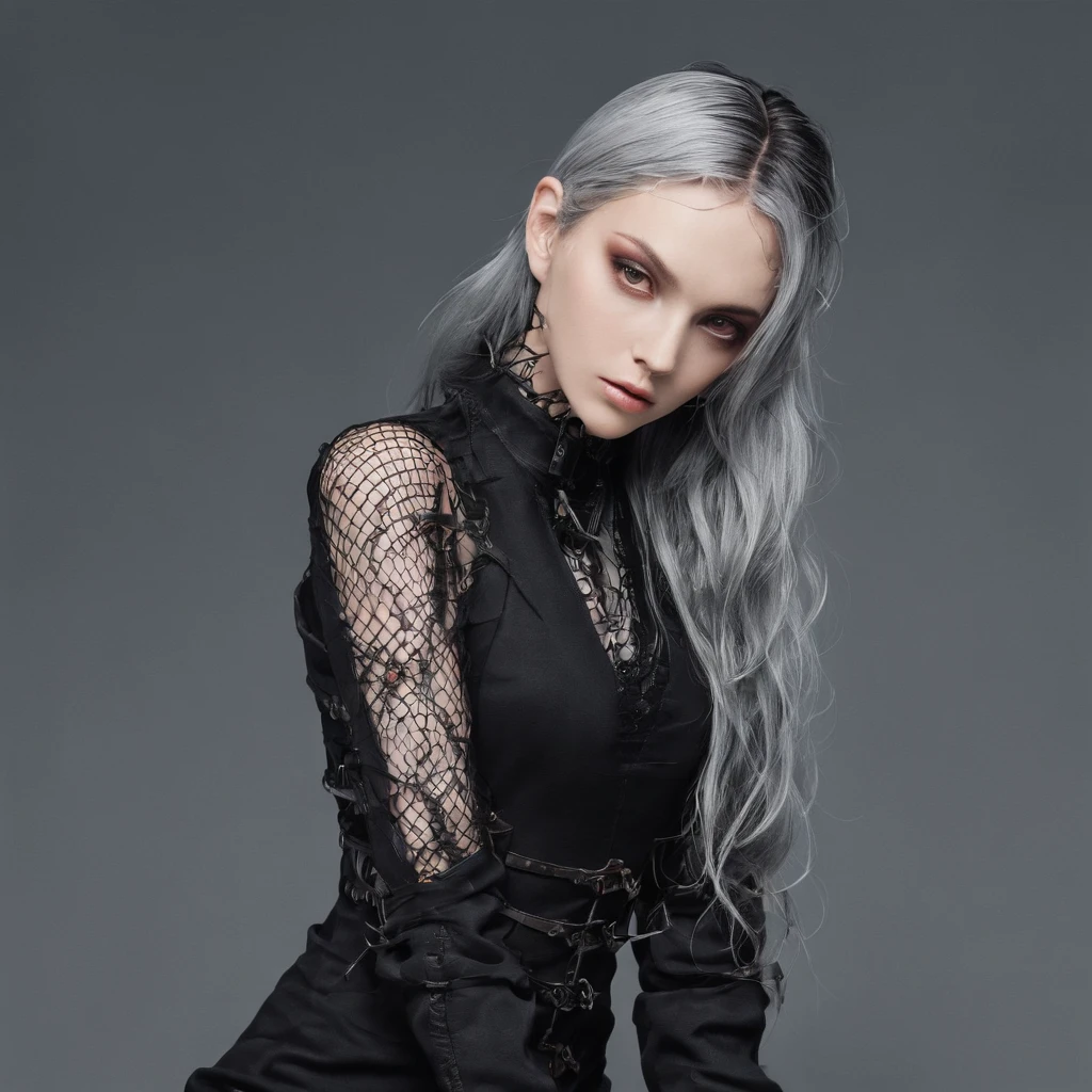 one-girl,Turn your head and look at 45 degrees,Symbolic clothes with gothic net, (Barbed wire of the body) brunette color hair,Gray hair ends