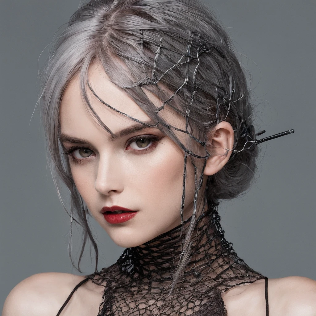 one-girl，Turn your head and look at 45 degrees，Symbolic clothes with gothic net, (Barbed wire of the body) brunette color hair，Gray hair ends