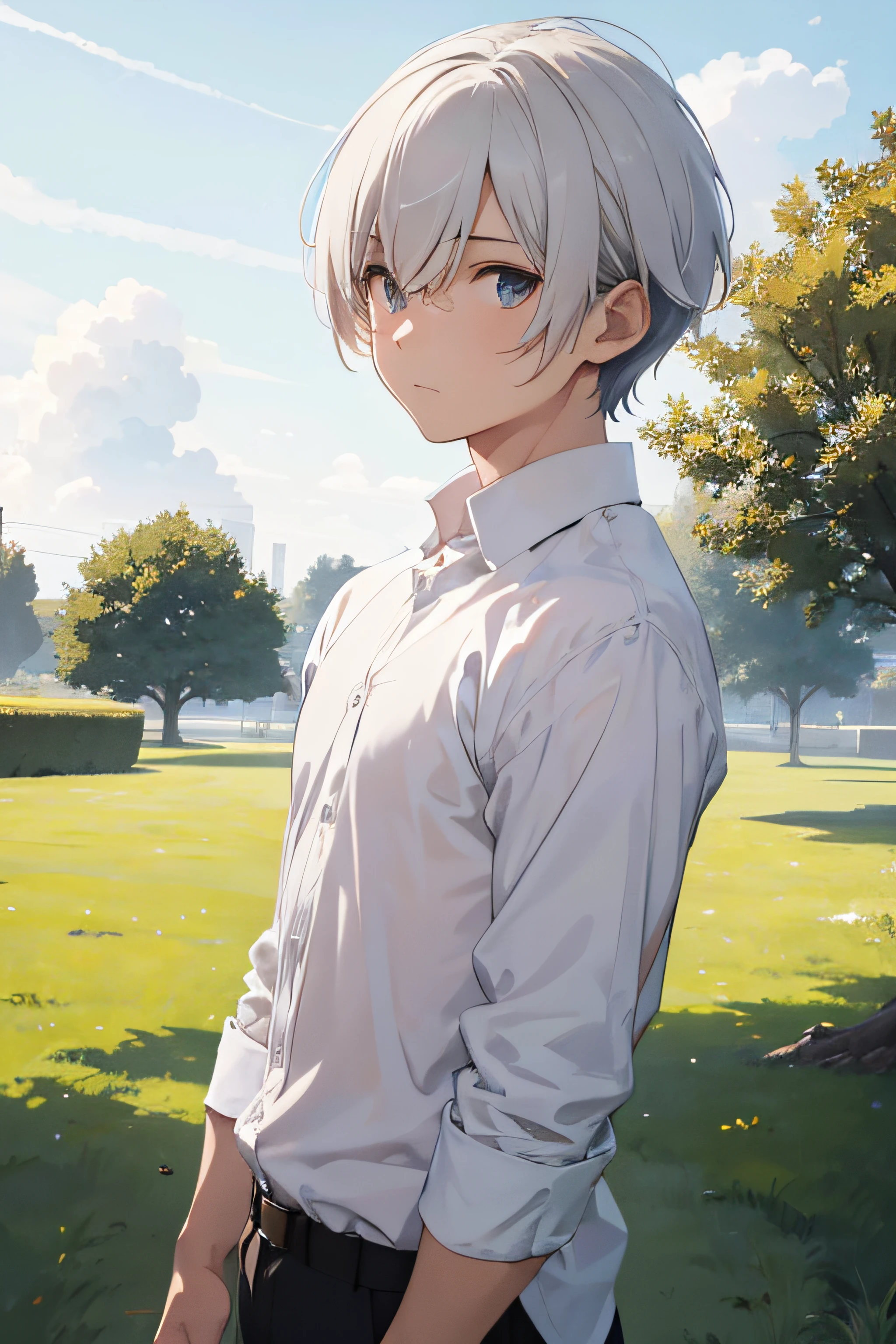 masterpiece, best quality, high quality, 1boy, solo, male focus, looking at viewer, upper body, wearing glass, white hair with mash cut hairstyles. dressing white shirt. stand alone outside. big large grass field from behind.