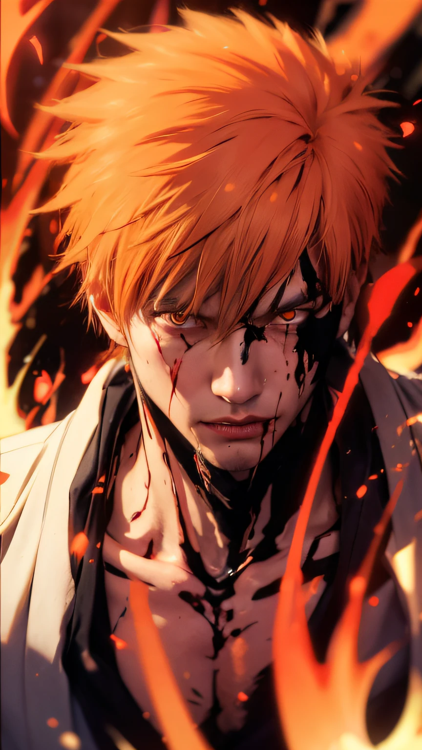 A man sitting on the knees his hand is on the knees tears on his eyes. He is very angry And full of blood his half face is cover with blood and other half is covered with black color. its raining and very cloudy and its start raining and thundering he is without shirt