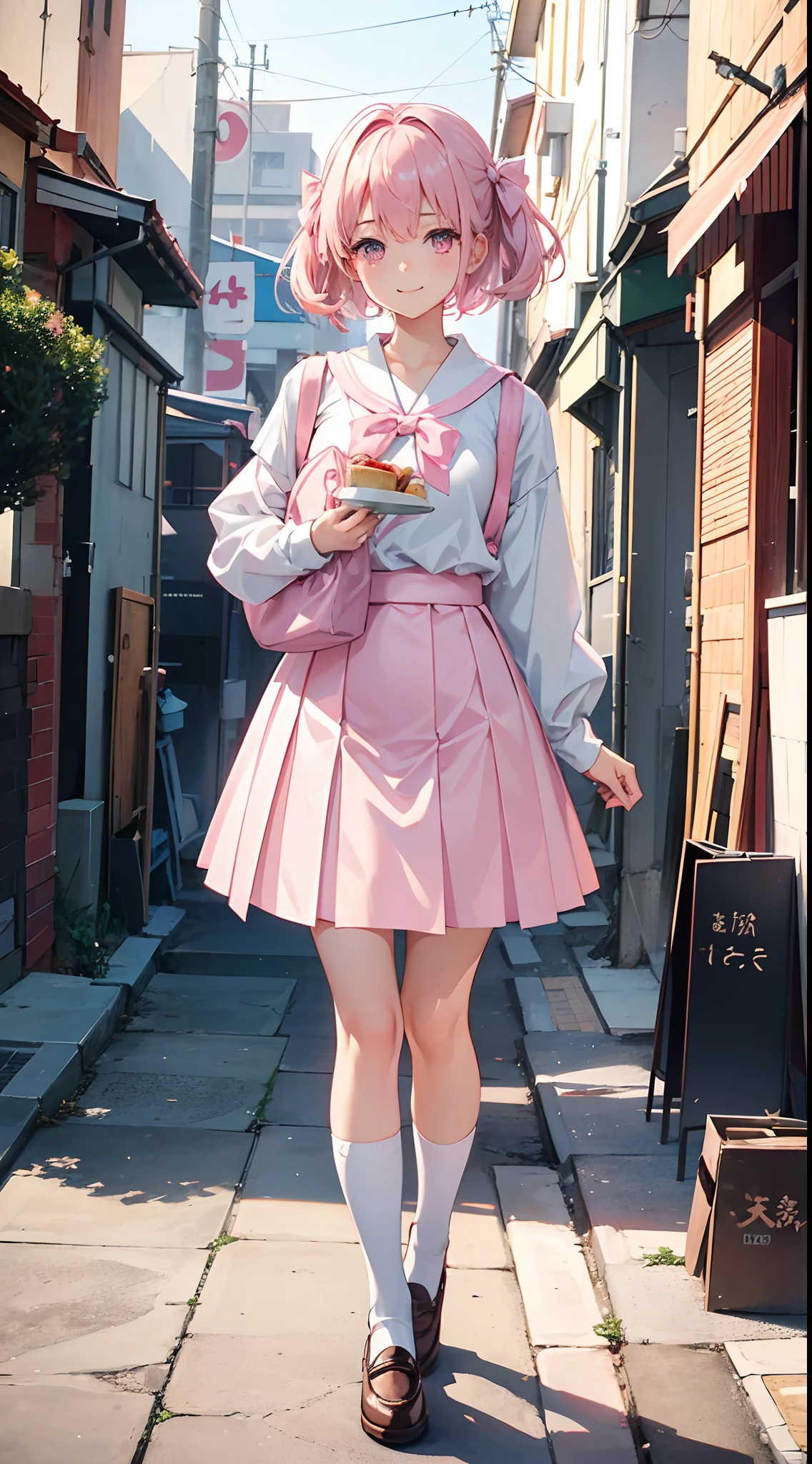 1 girl 19 years old, pink eyes, sparkling eyes, extreme eyes detail, beautiful eyes, hair ribbon, short pink hair, wearing a white Japanese school uniform, wearing a short pink skirt, wearing long white socks, thoughtful smile, cute face, both hands holding a plate of food, canteen, extremely detailed, best graphics, 8k, ultrasharp, masterpiece