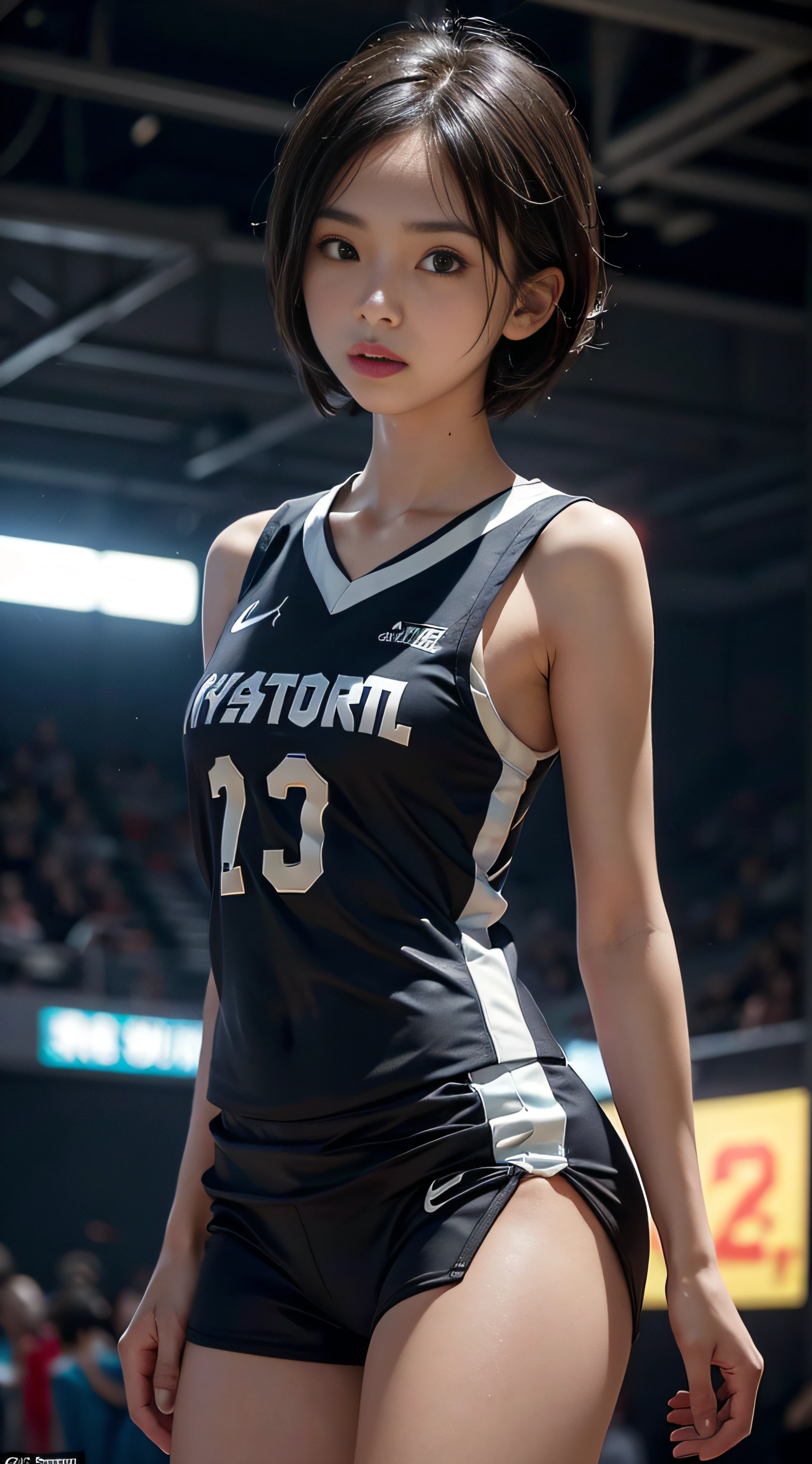(The to the FW), 1womanl, Solo, 24 year old, (cute  face), (Ideal ratio body proportions), Basketball court, Basketball Uniforms, Do dribbling, The costume is sheer, Wearing sweat, Wet, short-hair, Dark hair, small tits, A slender, Small buttocks, Skinny Legs, surrealism, Cinematic lighting, depth of fields, One-person viewpoint, F/1.8, 135 mm, nffsw, masutepiece, ccurate, Anatomically correct, Textured skin, Super Detail, high details, High quality, awardwinning, Best Quality, hight resolution, 8K