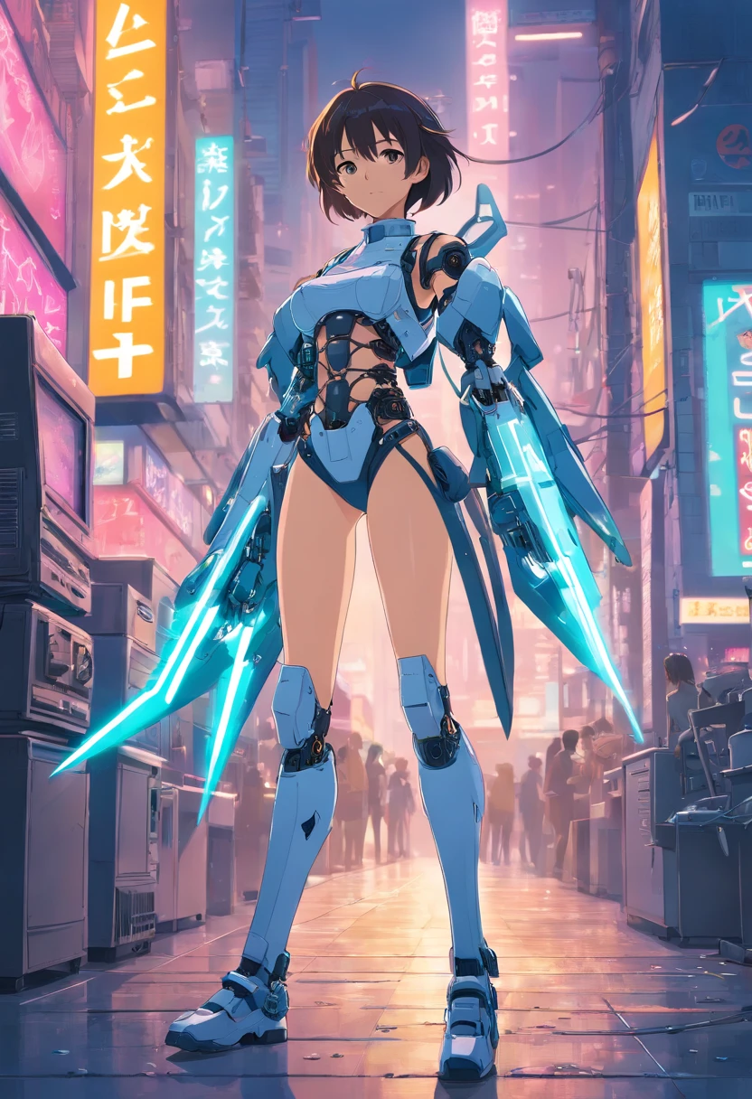 Sexy teen robot with lace-up weapons in cyber punk anime style