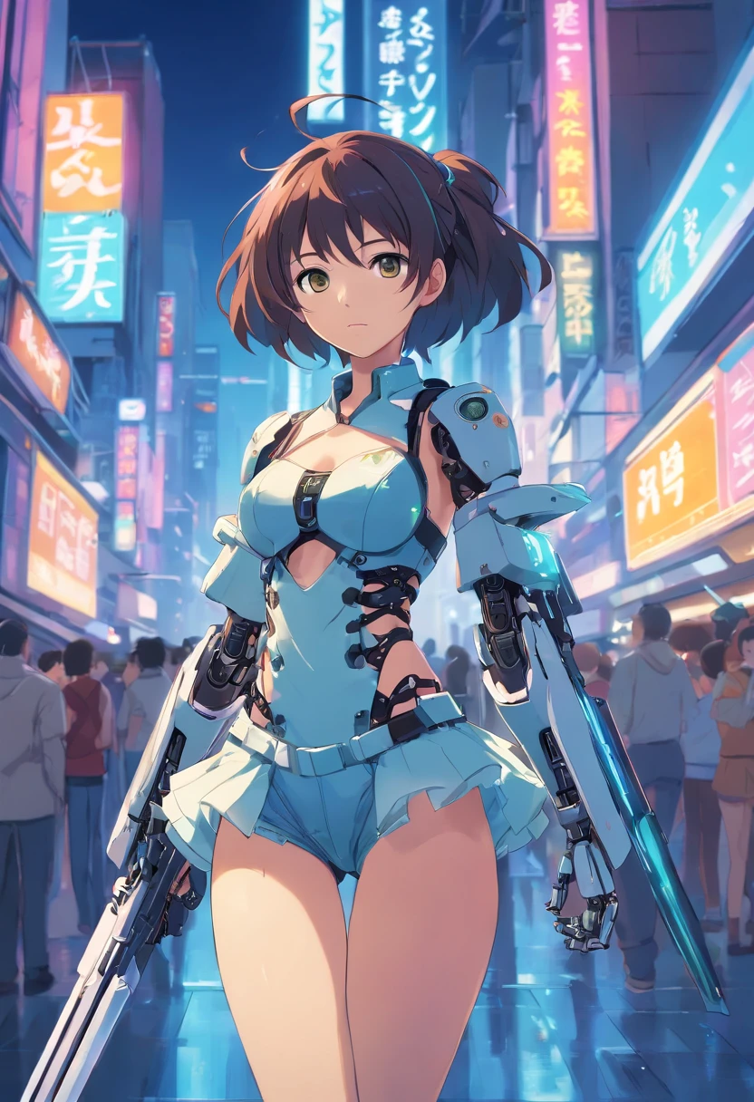 Sexy robot with lace-up weapons in cyber punk anime style