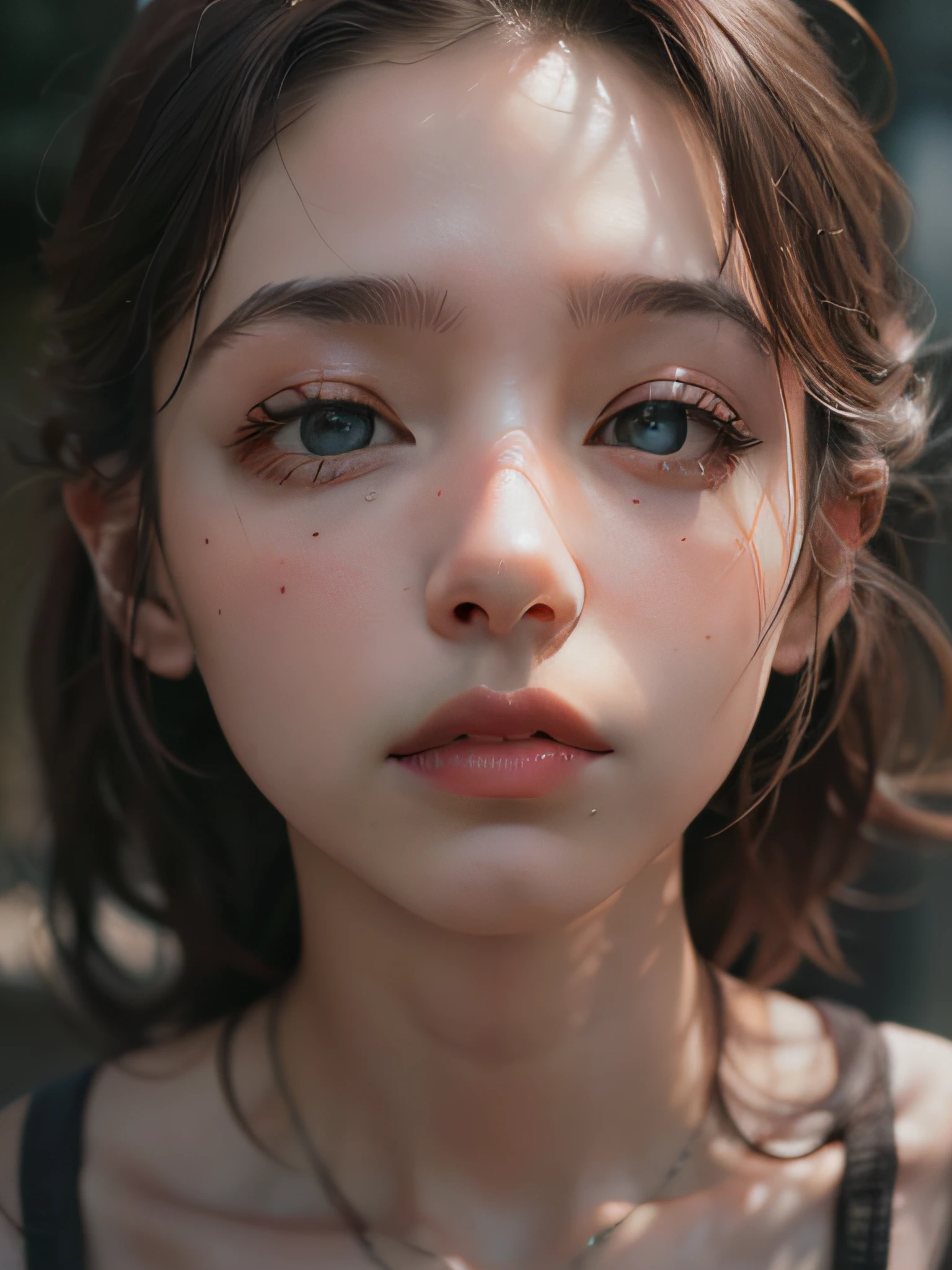 Cinematic Light Effects Alphonse Mucha, Open your mouth a little, Contemptuous eyes, Long eyelashes, Cheeky face, Blushing, Hair behind ears, Ultra high definition, Textured skin, 