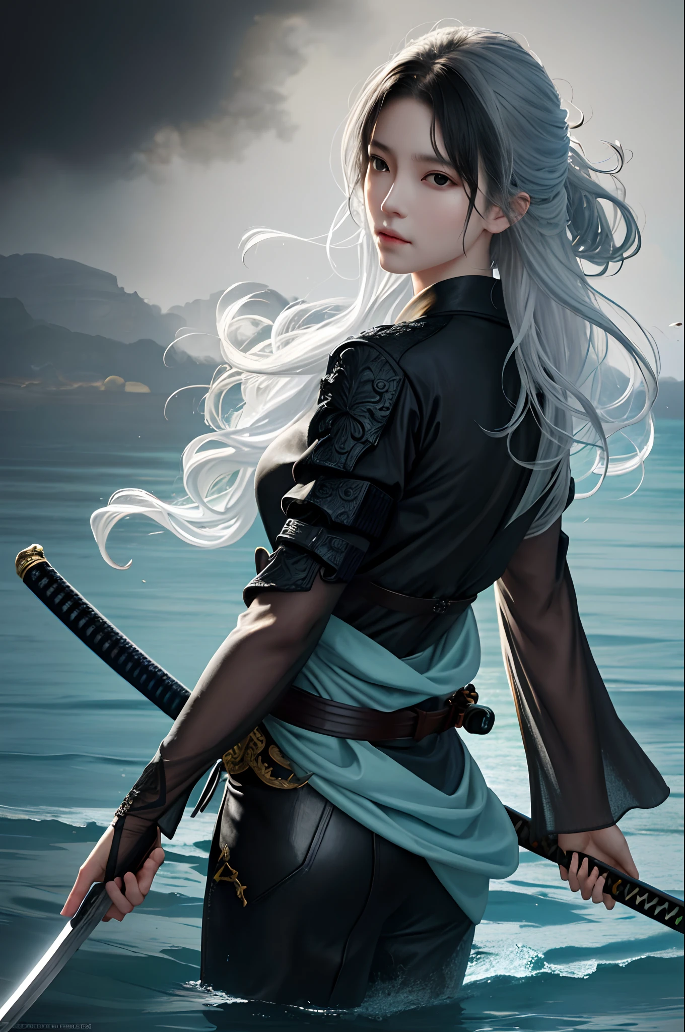 masterpiece, realistic, realism, photorealism, high contrast, photorealistic digital art trending on Artstation 8k HD high definition detailed realistic, 1girl,((water,water ring)), weapon, sword, solo, katana, holding, water, grey eyes, holding weapon, japanese clothes, holding sword, white hair, long hair, kimono, black hair, wide sleeves, long sleeves, lips, cowboy shot, black background, back, parted lips,art by artgerm and ruan jia and greg rutkowski surreal painting,detailed, skin texture, hyper-detailed, realistic skin texture,