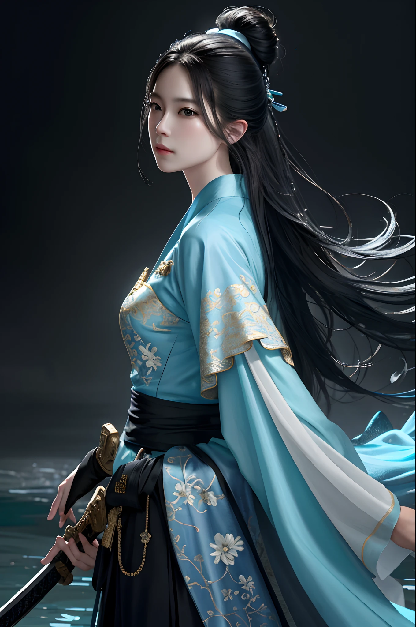 masterpiece, realistic, realism, photorealism, high contrast, photorealistic digital art trending on Artstation 8k HD high definition detailed realistic, 1girl,((water,water ring)), weapon, sword, solo, katana, holding, water, grey eyes, holding weapon, japanese clothes, holding sword, white hair, long hair, kimono, black hair, wide sleeves, long sleeves, lips, cowboy shot, black background, back, parted lips,art by artgerm and ruan jia and greg rutkowski surreal painting,detailed, skin texture, hyper-detailed, realistic skin texture,
