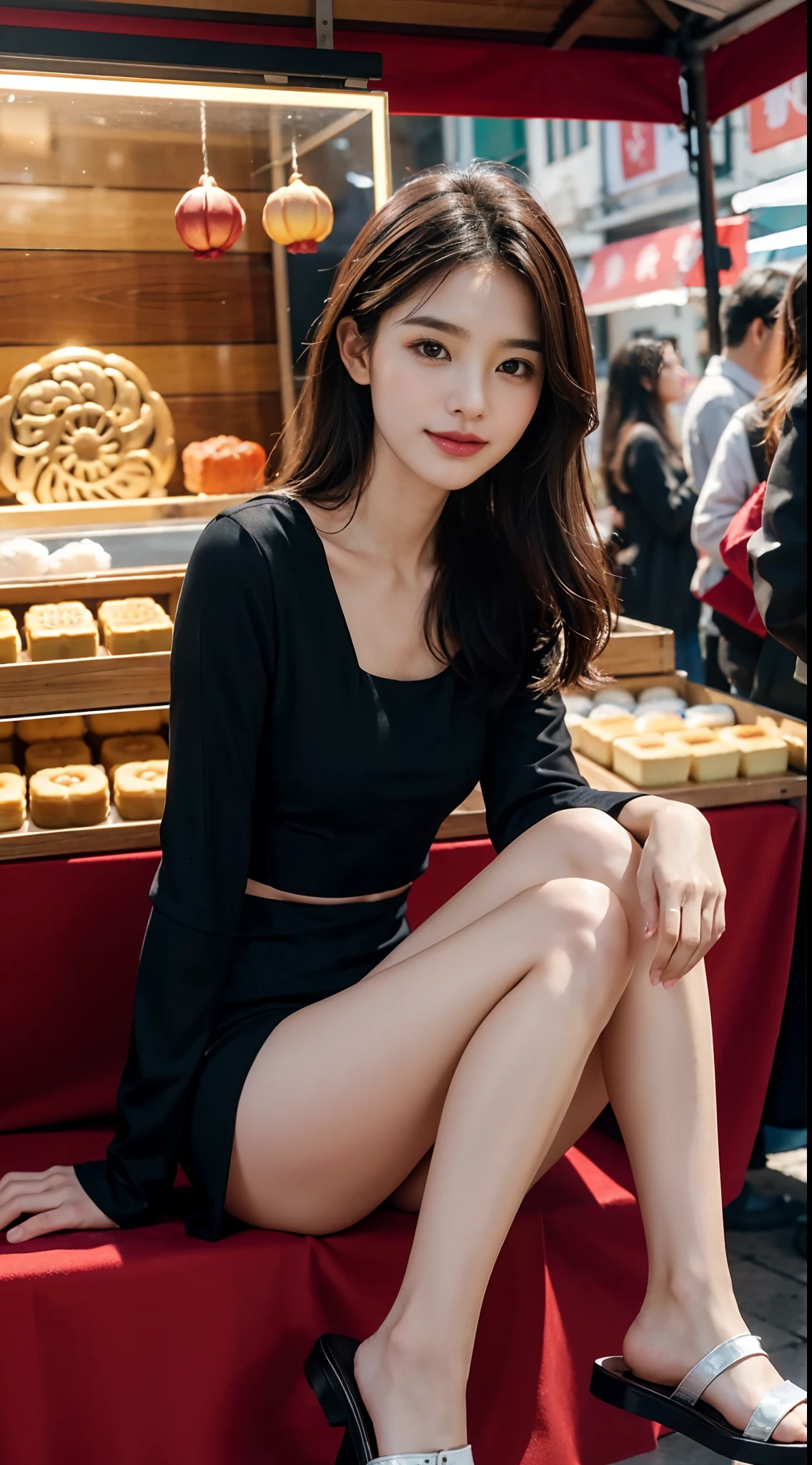 ((Small underboob)), fluffy straigh hair,（Extremely meticulous CG 8k wallpaper），（Extremely refined and beautiful），（Masterpiece），（best qualtiy：1.0），（Ultra High Resolution：1.0），beautiful light up，Perfect lightning，realistic shaded，[A high resolution]，Smooth and flawless fair skin，Extremely exquisite facial details，（perfect body：1.1），ultra - detailed，A beautiful girl，a seller，small head，(Small breasts:1.1)，Flat chests，slim，thin，Smile，cheerfulness，（Maxi black long sleeved dress:1.1），bare back，pantyhose，White sandals，Summer，midday, in shade，At the market，In the shed，Sitting on a chair behind A stall selling mooncakes，many mooncakes piled up on the stall，Close Shot，Surrounded by a crowded crowd