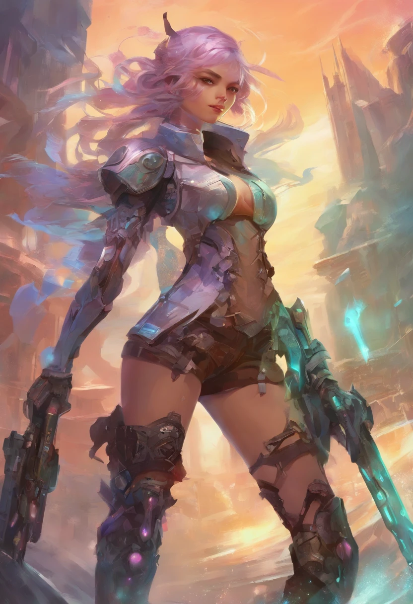 Sexy teen robot with lace-up weapons in cyber punk anime style