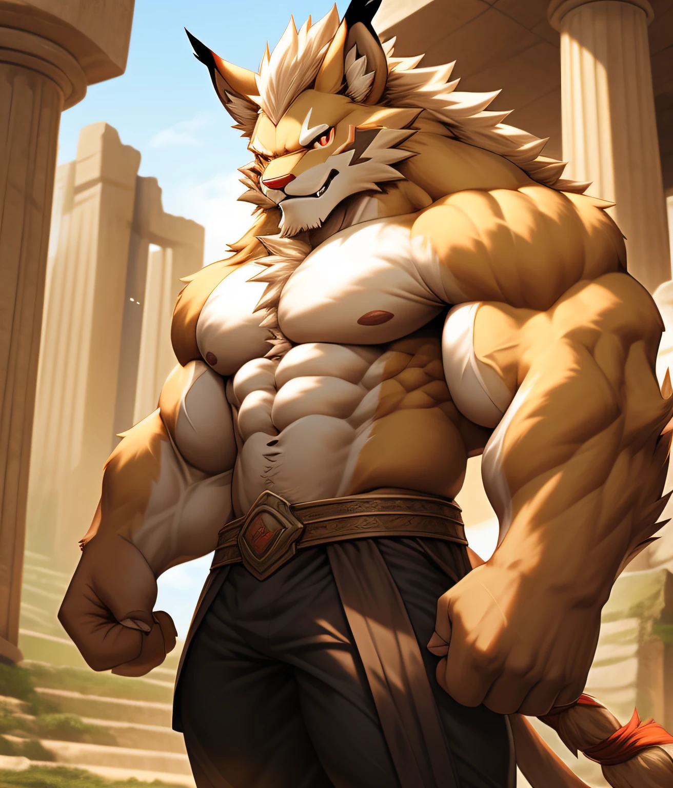 PRO competitive bodybuilder, nj5furry, (Leomon, , massive, huge, muscular, Gigachad), (((((Naked, nude, penis, erect penis, long penis, big penis.)))))  Leomon, YOUNG FACE, TEEN, ((extremely realistic shadows, masterpiece, extremely detailed, photorealistic)), kemono, looking at the viewer, ((FRONT)), murderous look,  Leomon, ((detailed face)) nose, red eyes, ((detailed eyes. RED EYES.)), skin, fur, hair, mane, height 3 meters high, the optimal height, tight clothing, 300 lbs, body full of huge muscles; muscle and bulge pecs, huge pecs, ((massive pectorals)) ((huge pectorals)) ripped abs, V-shaped body, thick waist, long legs, strong arms manly, handsome face, attractive cool calm face type with a mischievous smile, topless.  rRuined temple of the gods, day, sun, sunrays, clouds, birds. Naked, nude, penis, erect penis, big penis, long penis that reveals huge, muscular thighs, bulging biceps. A muscular bodybuilder in the making. A potential PRO competitive bodybuilder and bulging neck. ((Naked. Long penis)) Huge muscular thighs, round buttocks and round butt, voluminous buttocks ((Back)). close up look, look up view