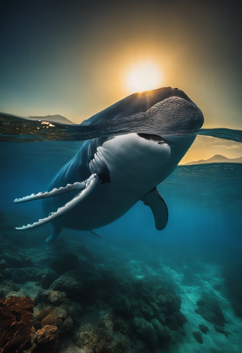 cinematic lighting, glowing light, masterpiece, ccurate, super detail, high quality, award winning, 8k Blue whale swimming in a fishbowl