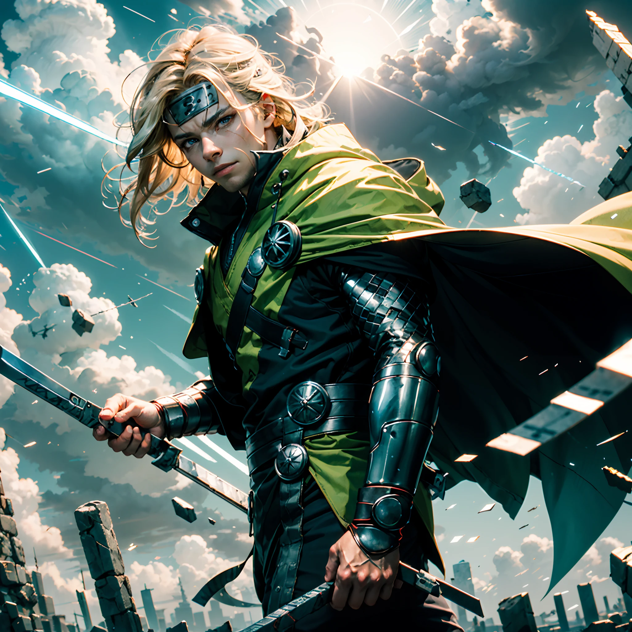 A unique being with the strength of Thor and the speed of Naruto Uzumaki, cabelos dourados como o sol, eyes as blue as the sky and a cloak of thunder.