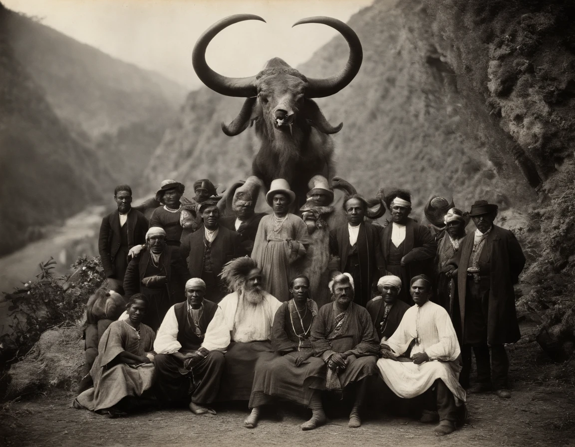 full body, demon, posing a picture with local peoples, captured in black and white, 1900s photograph, gelatine silver print, add noise, old photo effect