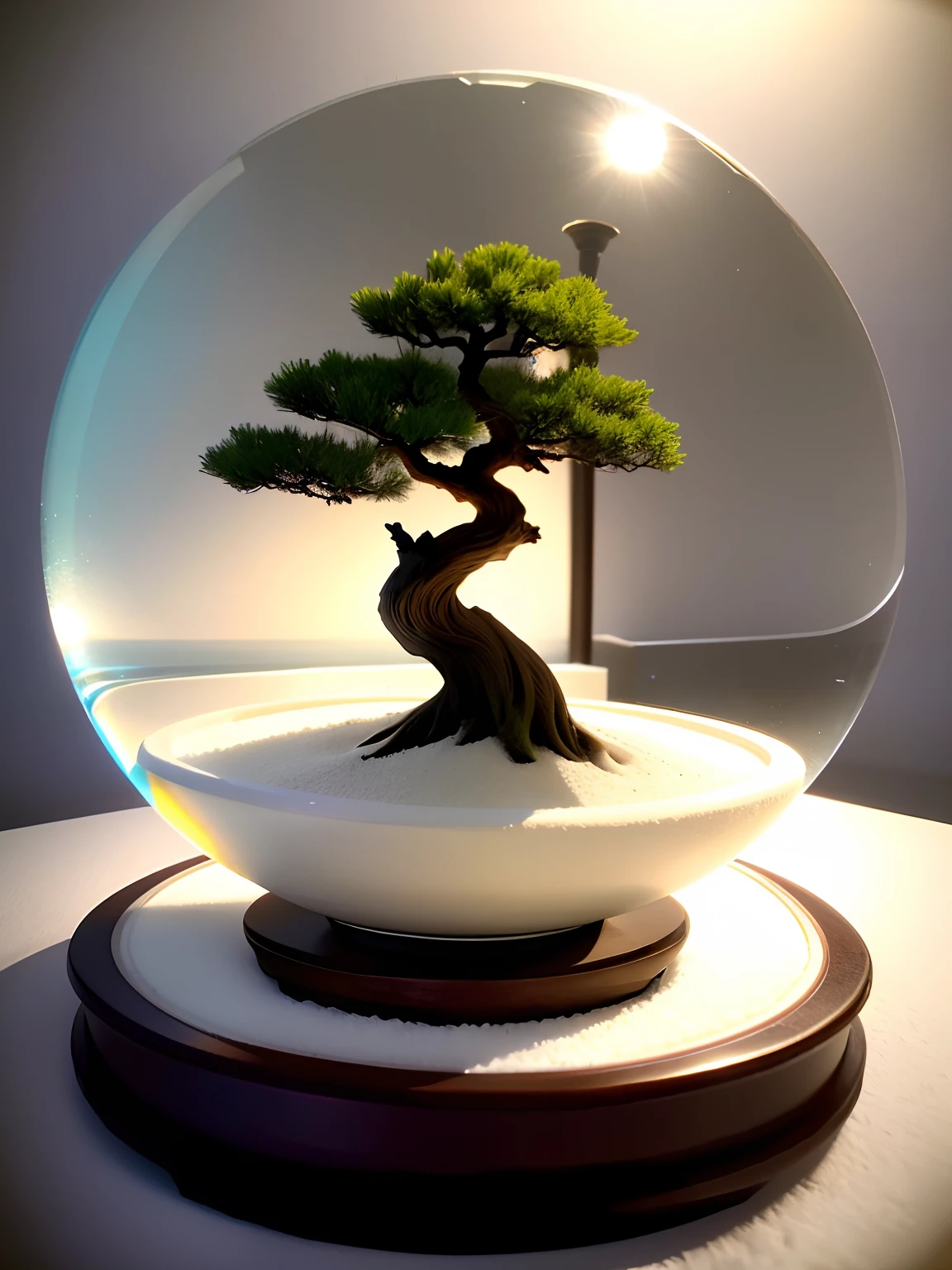 Artistic, Ultra Realistic, 16K High Resolution, (Max Sharp Focus: 1.3), (On Table: 0.2), (Downlight: 1.2), (Max Close-up: 1.2), (Mini Bonsai trapped in a crystal ball with pedestal, White Sand: 1.7)