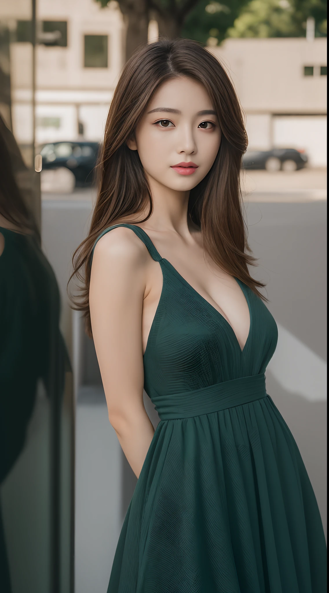 ((Realistic lighting, Best quality, 8K, Masterpiece: 1.3)), Clear focus: 1.2, 1girl, Perfect Body Beauty: 1.4, Slim Abs: 1.1, ((Dark Brown Hair, Big Breasts: 1.3)), (Aqua Dress: 1.4), (Outdoor: 1.1), City Street, Super Fine Face, Fine Eyes, Double Eyelids, Exposed cleavage