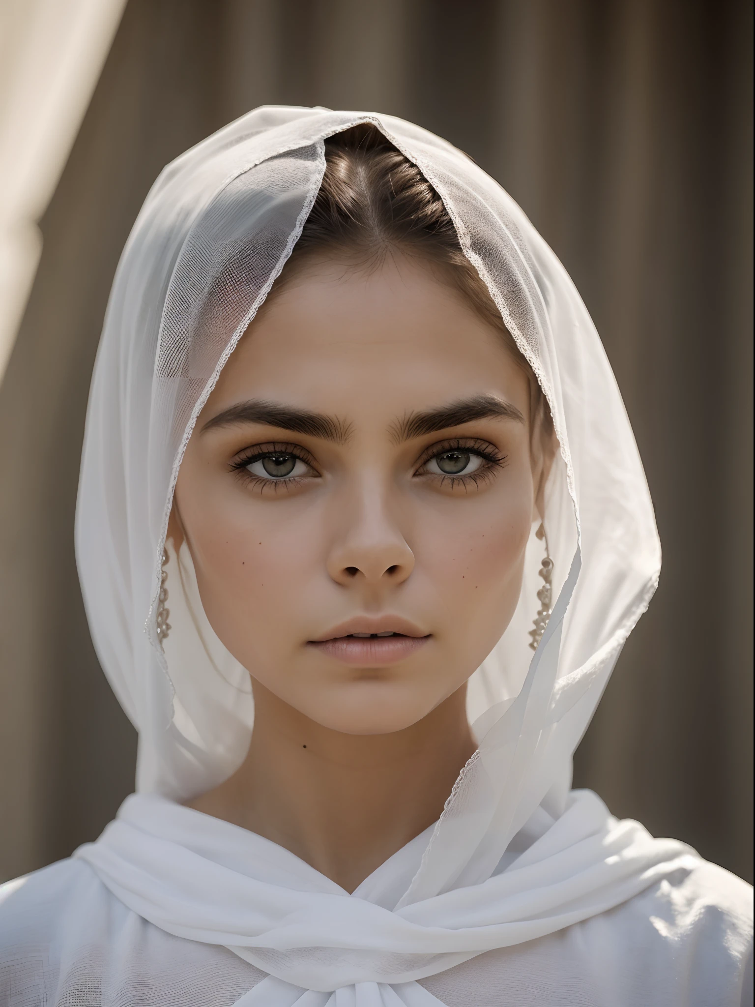 (cara detallada, ojos detallados, piel clara, ojos claros),   bruja mujer malvada,y hermosa, vestida de blanco plastico texturizado   mirando al espectador, retrato, Cinematographer, piel detallada, realista, fotorrealista,con fondo de sementerio abandonado y susio. 4k, muy detallado, fotograma completo , Arte en color RAW con gran detalle, soft, penetrating lighting, poca profundidad de campo, foco nítido, hiperrealismo, rembrandt lighting.