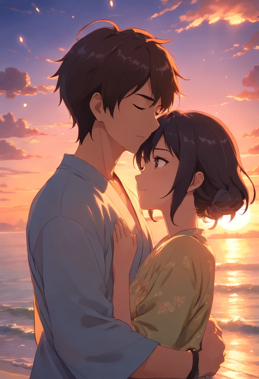 Man taking off the woman's clothes and kissing her shoulders as she throws her head back with her eyes closed., melhor qualidade, filme ainda, 1mulher,cabelos longos brancos, vestido transparente, renda longo, e 1homem com kimono, long hair black, ,pele branca, amor, beijando-se, quarto vermelho, na cama, Close-up, brilhante, sensual, romantico, Soft lighting and Warm, sun sunset, (Sparks: 0,7) , ((beijo))