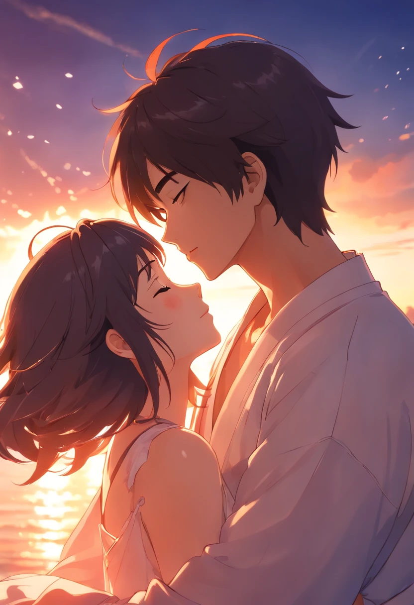 Man taking off the woman's clothes and kissing her shoulders as she throws her head back with her eyes closed., melhor qualidade, filme ainda, 1mulher,cabelos longos brancos, vestido transparente, renda longo, e 1homem com kimono, long hair black, ,pele branca, amor, beijando-se, quarto vermelho, na cama, Close-up, brilhante, sensual, romantico, Soft lighting and Warm, sun sunset, (Sparks: 0,7) , ((beijo))