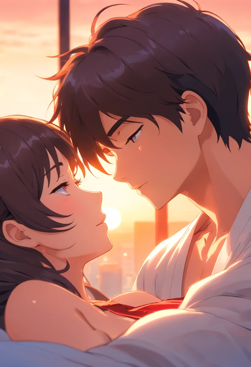 Man taking off the woman's clothes and kissing her shoulders as she throws her head back with her eyes closed., melhor qualidade, filme ainda, 1mulher,cabelos longos brancos, vestido transparente, renda longo, e 1homem com kimono, long hair black, ,pele branca, amor, beijando-se, quarto vermelho, na cama, Close-up, brilhante, sensual, romantico, Soft lighting and Warm, sun sunset, (Sparks: 0,7) , ((beijo))