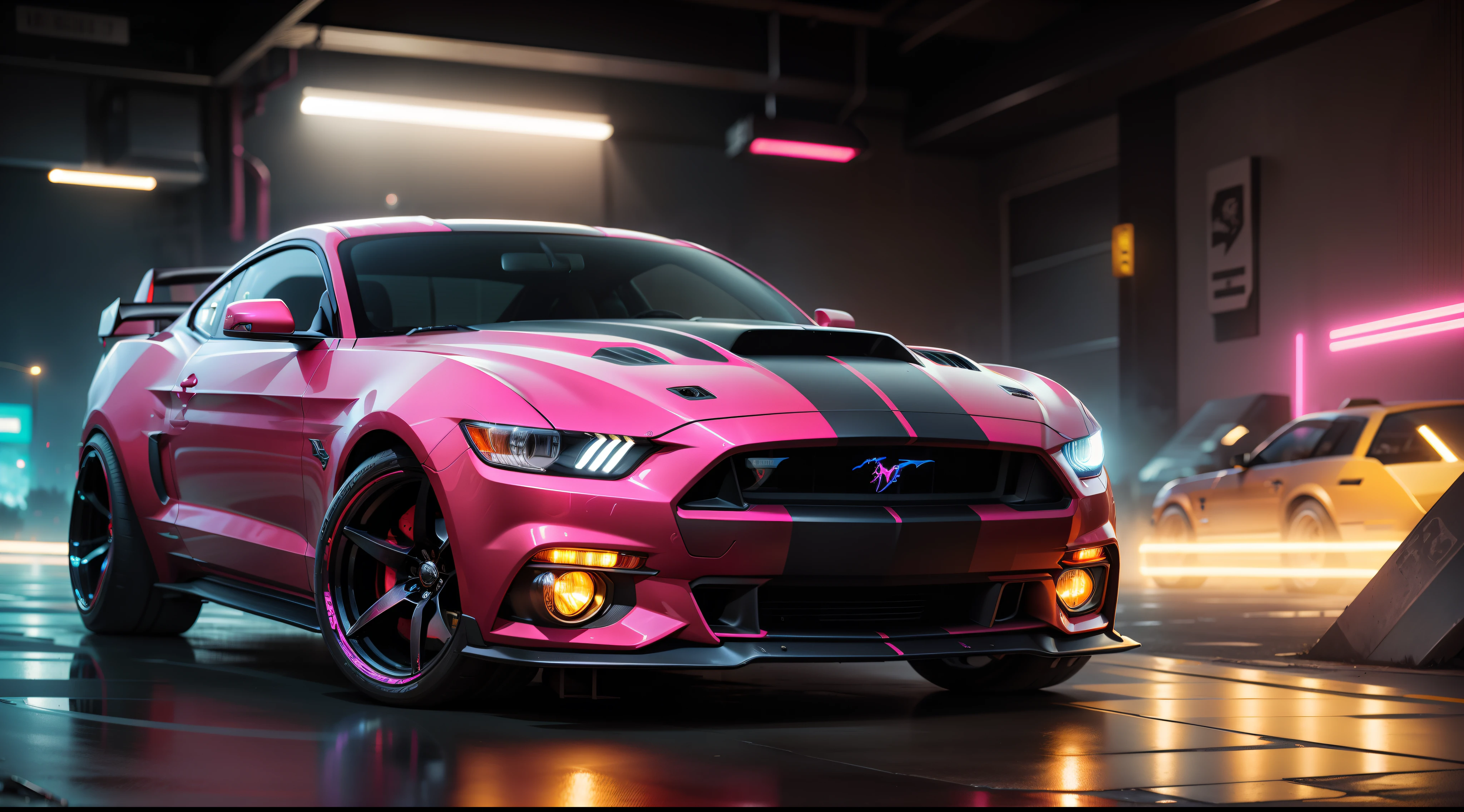 Cyberpunk, muscle car,mustang gt, pink, led lights, turbo charger, extremely detailed, 4k, hd