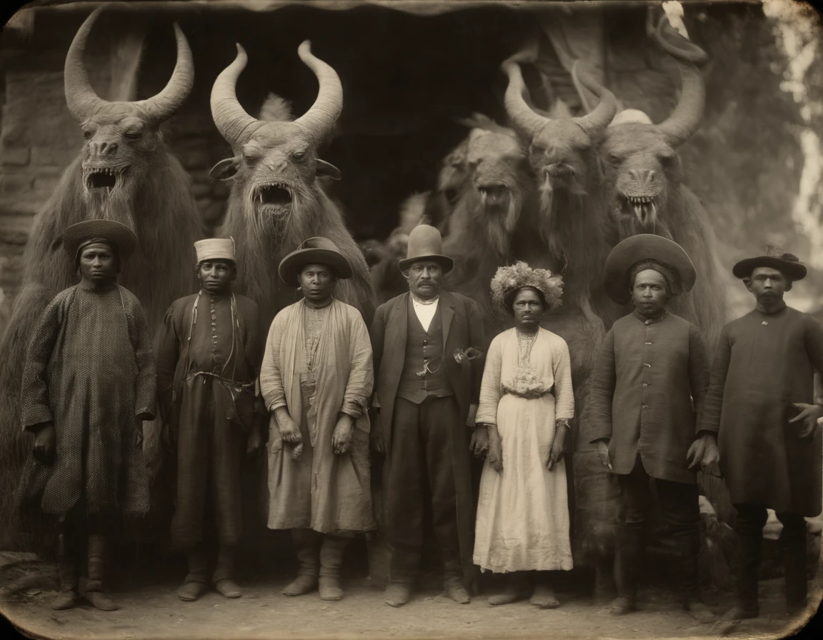 full body, demon creature, posing a picture with local peoples, captured in black and white, 1900s photograph, gelatine silver print, add noise, old photo effect