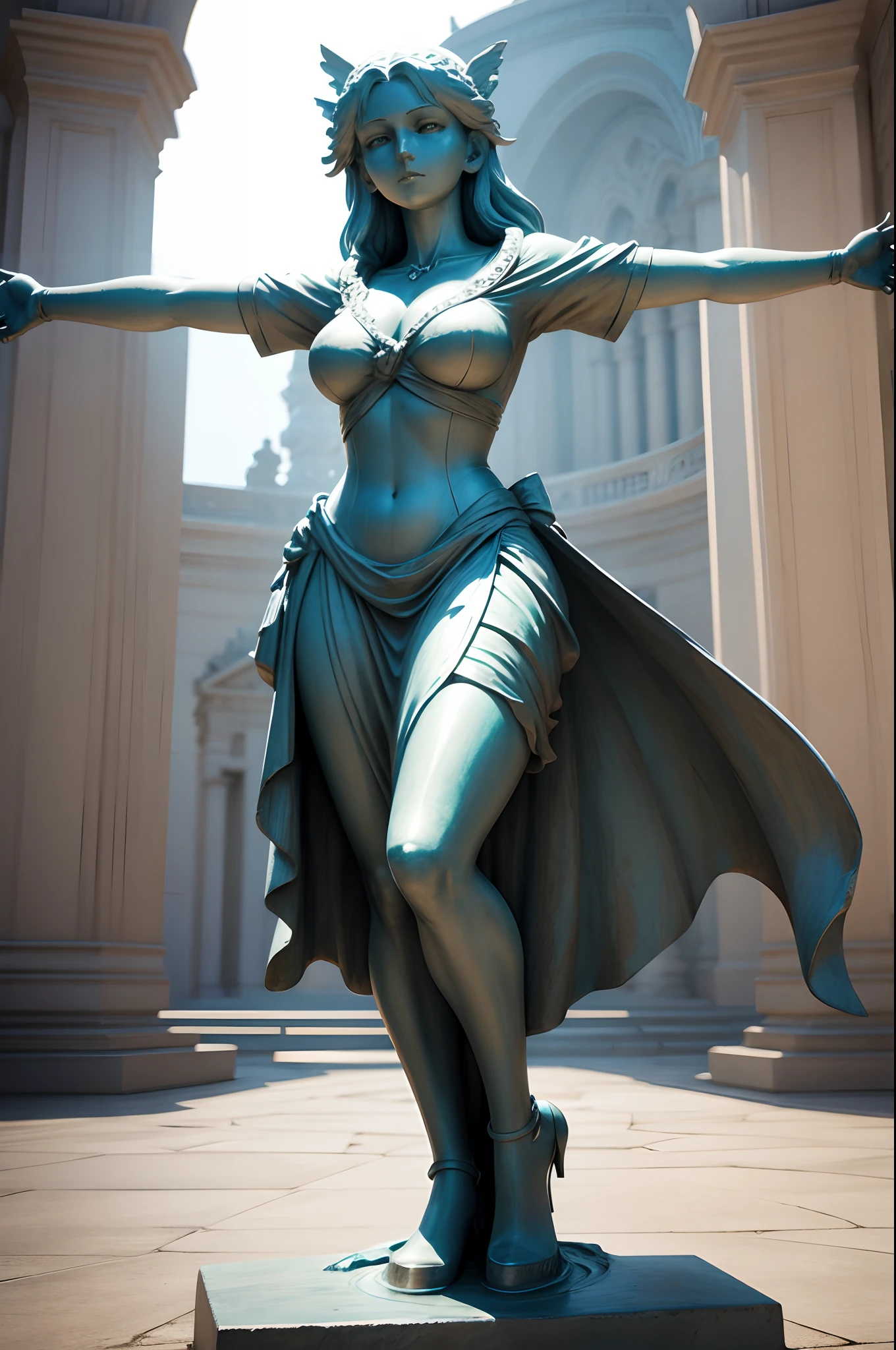 Statue of a woman staring forward with outstretched arms,3DCG,high-level image quality,top-quality,Anime style