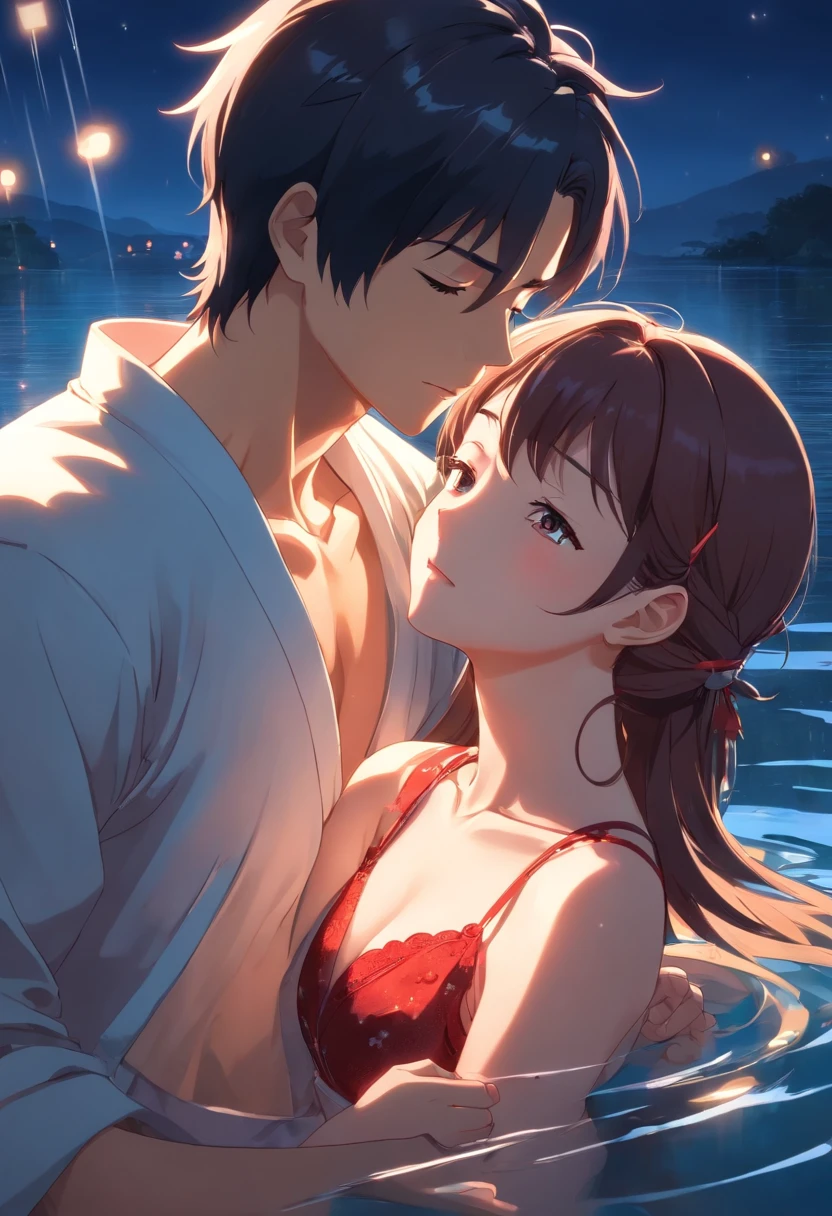 Man taking off the woman's clothes and kissing her shoulders as she throws her head back with her eyes closed., melhor qualidade, filme ainda, 1mulher,cabelos longos brancos, Vestido transparente, renda longo, e 1homem com kimono, cabelo comprido preto, ,pele branca, amor, beijando-se, quarto vermelho, na cama, Close-up, brilhante, sensual, romantico, Dark warm lighting, vermelho, skywith moonlight and reflection in the water, (Sparks: 0,7) , ((beijo))
