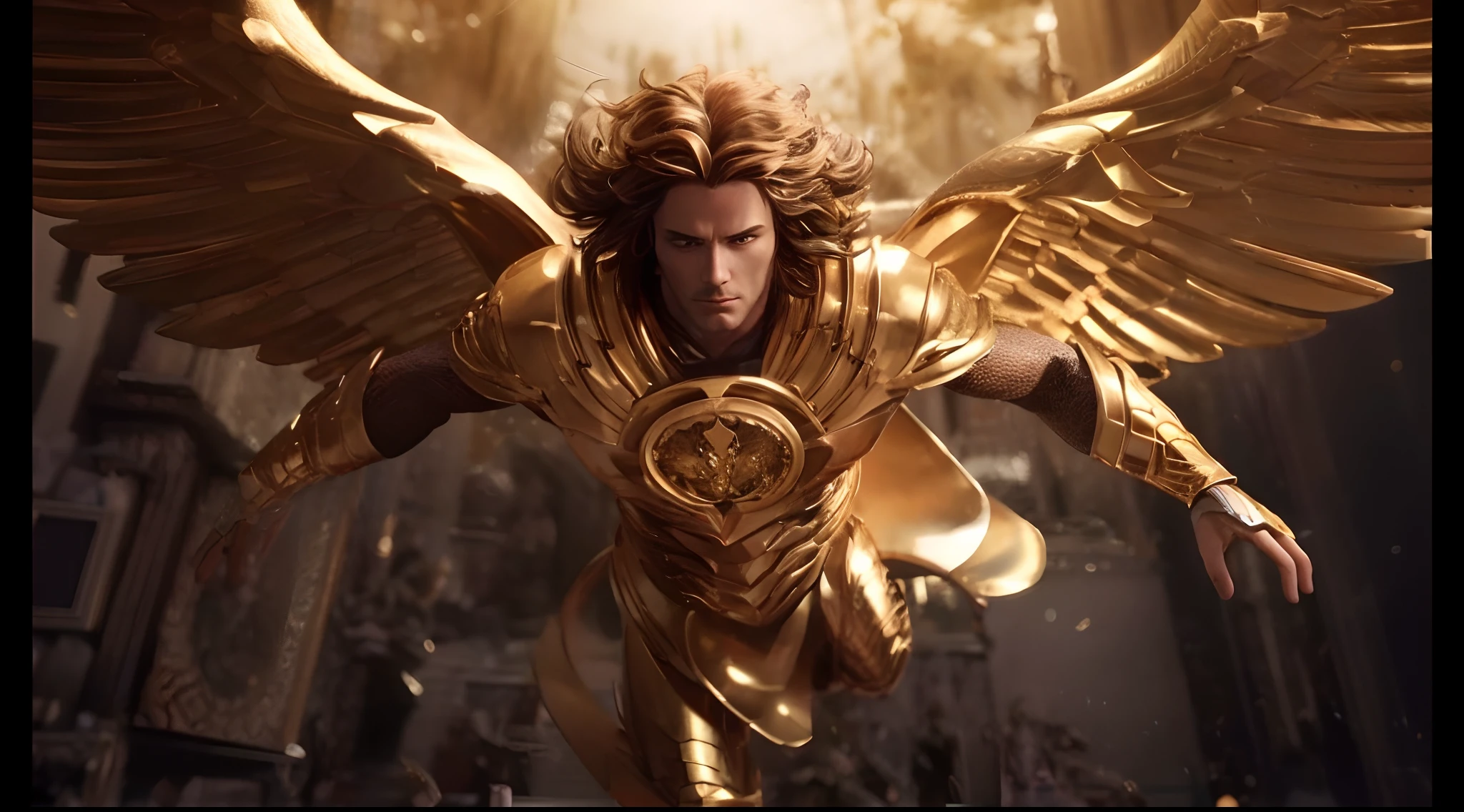 A closeup of a golden statue of a man with wings, unreal motor render saint seiya, CGI 8K, arcanjo, trending on ArtStation.', Armadura Dourada Angelical, cg arte, CGSetivity 8K, CGSetivity 8K, 8 k cg render, CGSetalidade 8K, Directed by: Gabriel Ba, trending in cgsociety, trending in cgsociety