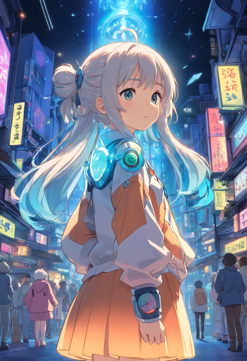 Kleine Loli，Die Sterne sind anthropomorph，Transparent machines，Cyberpunk, Dreamy glow, leuchtende Neonlichter, ( Globale Beleuchtung, Rochen-Traching, HDR, Unwirkliches Rendern,Reasonable design, Hohe Detailgenauigkeit, Meisterwerk, best quality, hyper HD, Filmische Beleuchtung), Mecha Musume