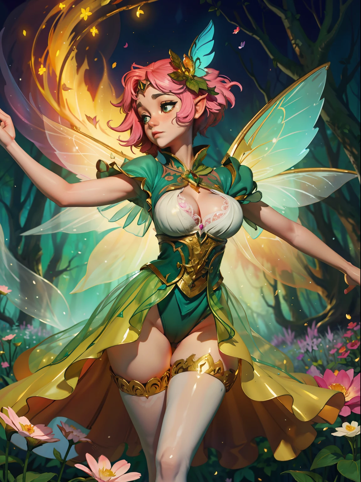 "Enchanting flower fairy dancing in a mystical forest, vibrant colors and delicate details, creating an ethereal atmosphere. Combine elements of fantasy and nature, with graceful movements and glowing wings. Surround the fairy with blooming flowers, shimmering sunlight, and a hint of magic. Let the scene exude a sense of wonder and enchantment.", nsfw, big breasts, hard nipples, perky tits, nip-slip, visile areolas, thigh gap, cameltoe, upskirt