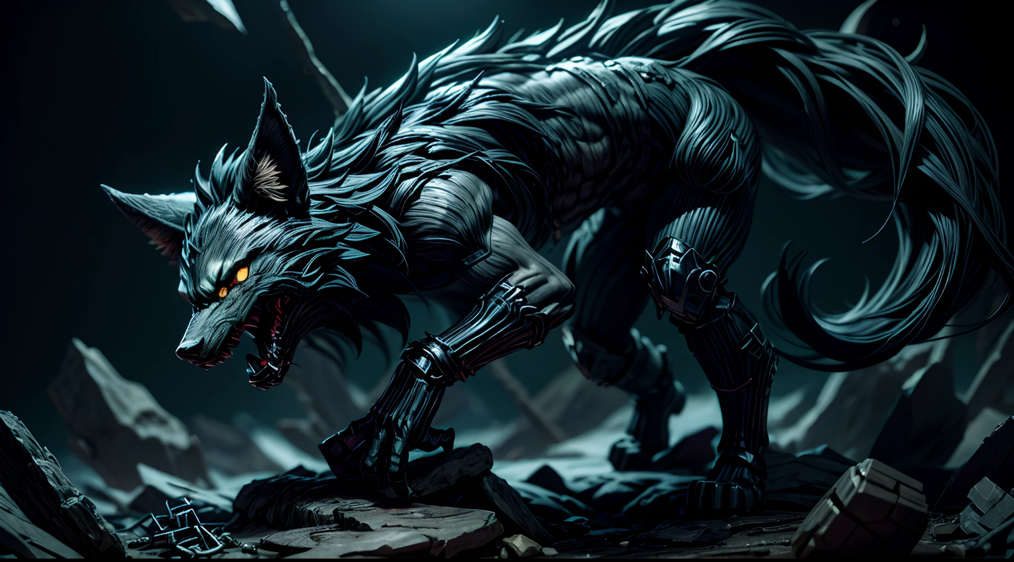 Fenrir hijo de loki, rompiendo cadenas, en pose feroz, en el fondo un cueva oscura.