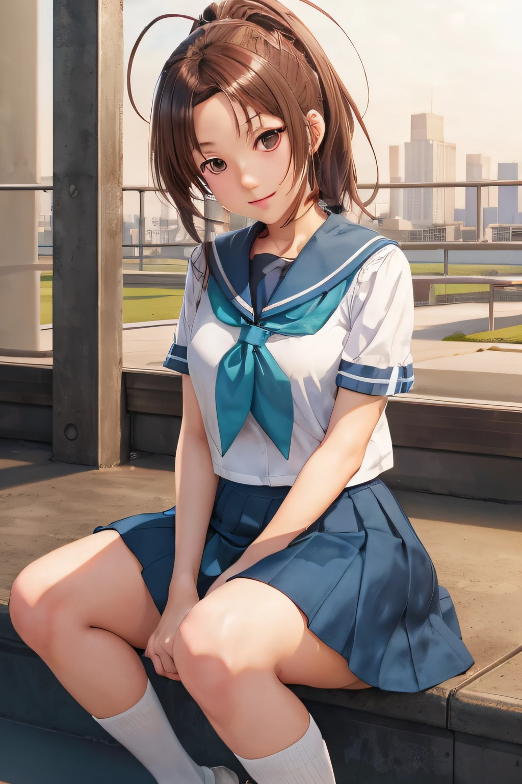 anime girl sitting on steps with city in background, beautiful anime high school girl, smooth anime cg art, kantai collection style, attractive anime girl, anime moe artstyle, pretty anime girl, makoto shinkai and artgerm, cute anime girl, seductive anime girl, anime girl, a hyperrealistic schoolgirl, young anime girl, realistic schoolgirl