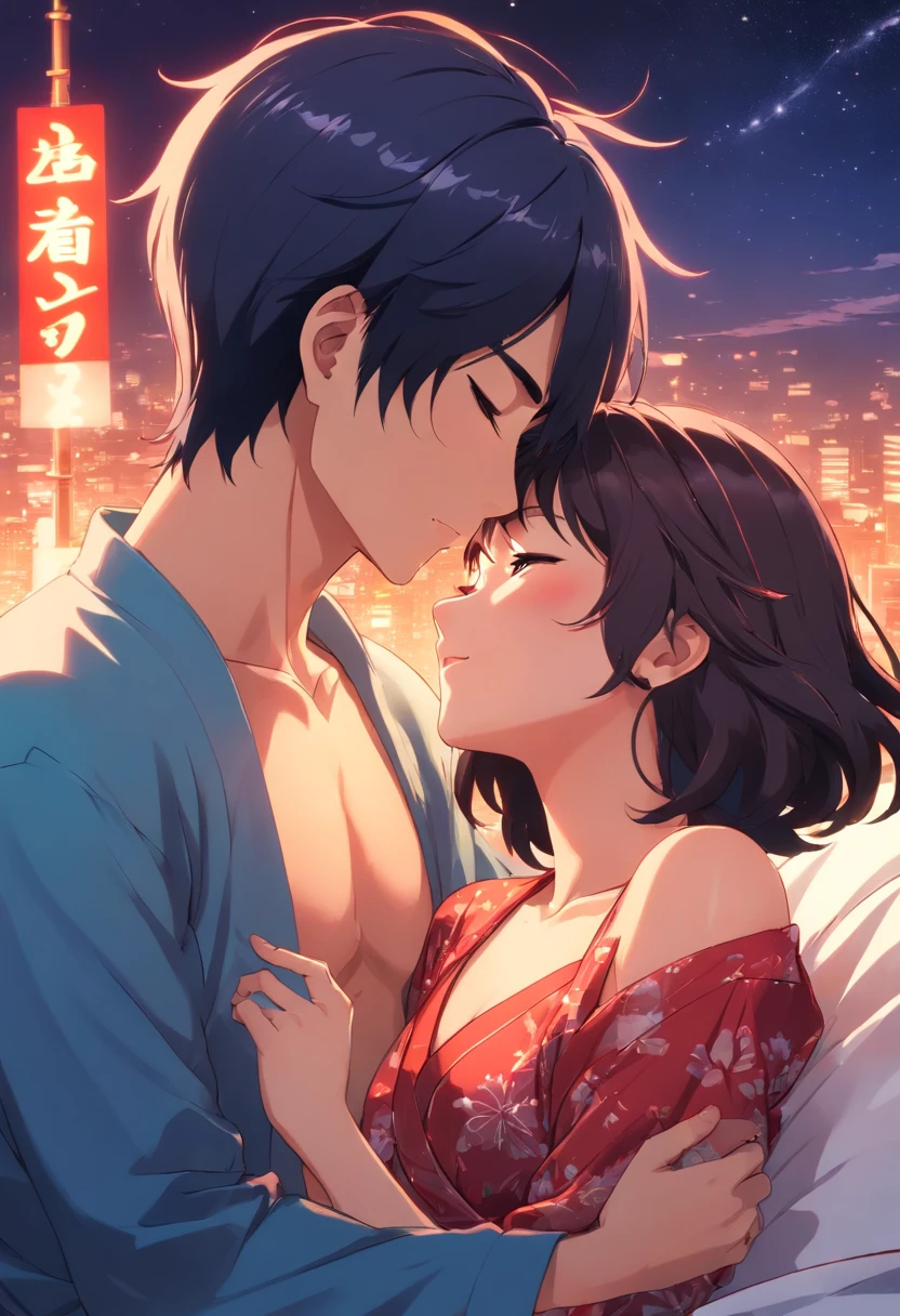 Man taking off the woman's clothes and kissing her shoulders as she throws her head back with her eyes closed., melhor qualidade, filme ainda, 1mulher,cabelos longos brancos, Vestido transparente, renda longo, e 1homem com kimono, cabelo comprido preto, ,pele branca, amor, beijando-se, quarto vermelho, na cama, Close-up, brilhante, sensual, romantico, dark and warm lighting, vermelho, Sky with moonlight, (Sparks: 0,7) , ((beijo))