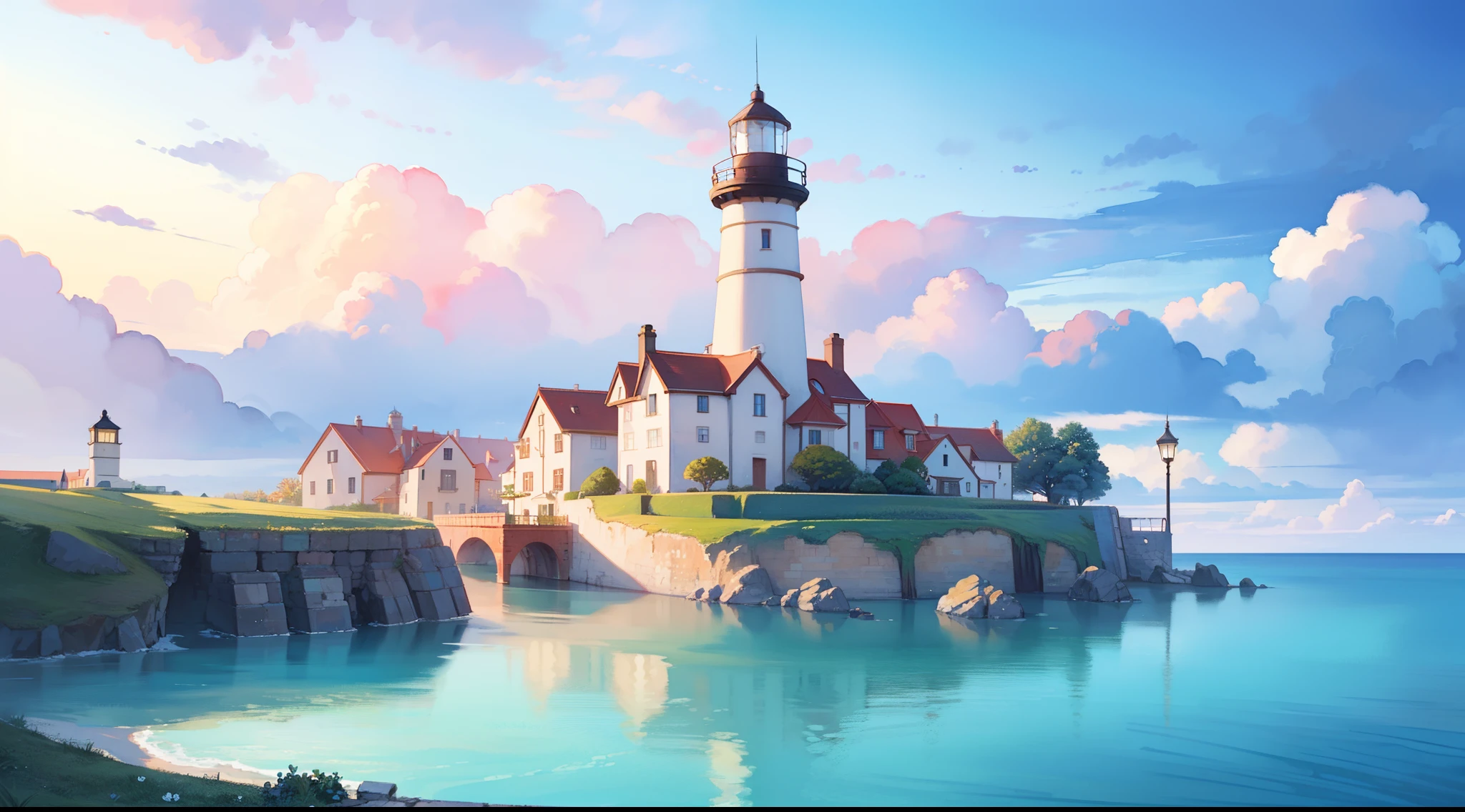 ((picture book illustration)), ocean fantasy, watercolor illustration, whimsical, warm colors, village, houses, huge lighthouse, ((masterpiece)), highly detailed environment