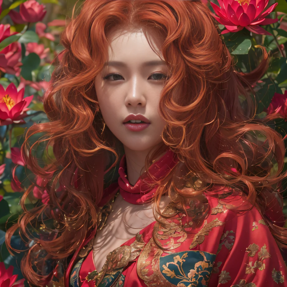 32K(tmasterpiece,k hd,hyper HD,32K)curlies,Flowing rouge,ponds,zydink, a color, Liaoning people (Charming girl), (Indigo scarf), Combat posture, looking at the ground, Flowing rouge curls,Green emerald tiara, Chinese long-sleeved rose gold garment, (Abstract gouache splash:1.2), Pink lotus background,Water lily flower protector(realisticlying:1.4),Rouge hair,Autumn is in full swing,The background is pure, A high resolution, the detail, RAW photogr, Sharp Re, Nikon D850 Film Stock Photo by Jefferies Lee 4 Kodak Portra 400 Camera F1.6 shots, Rich colors, ultra-realistic vivid textures, Dramatic lighting, Unreal Engine Art Station Trend, cinestir 800,Large curls,Flowing rouge