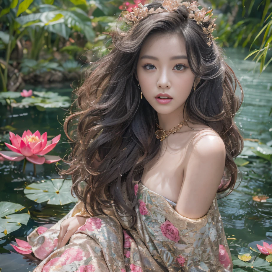 32K(tmasterpiece,k hd,hyper HD,32K)curlies,Flowing rouge,ponds,zydink, a color, Liaoning people (Charming girl), (Indigo scarf), Combat posture, looking at the ground, Flowing rouge curls,Green emerald tiara, Chinese long-sleeved rose gold garment, (Abstract gouache splash:1.2), Pink lotus background,Water lily flower protector(realisticlying:1.4),Rouge hair,Autumn is in full swing,The background is pure, A high resolution, the detail, RAW photogr, Sharp Re, Nikon D850 Film Stock Photo by Jefferies Lee 4 Kodak Portra 400 Camera F1.6 shots, Rich colors, ultra-realistic vivid textures, Dramatic lighting, Unreal Engine Art Station Trend, cinestir 800,Large curls,Flowing rouge