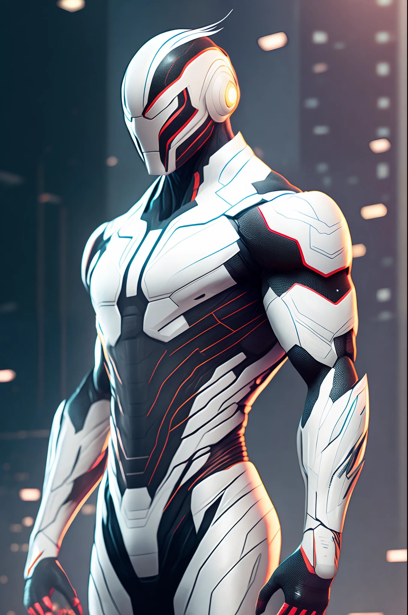 Androide inspirado no Juggernault da Marvel, utilizando uniforme branco, Cyberpunk, 8k