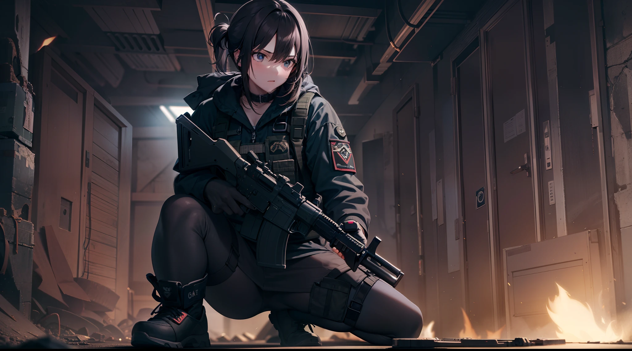 1 girl, handgun, in the dark warehouse, black clothes, special operations, special force, cinematic action