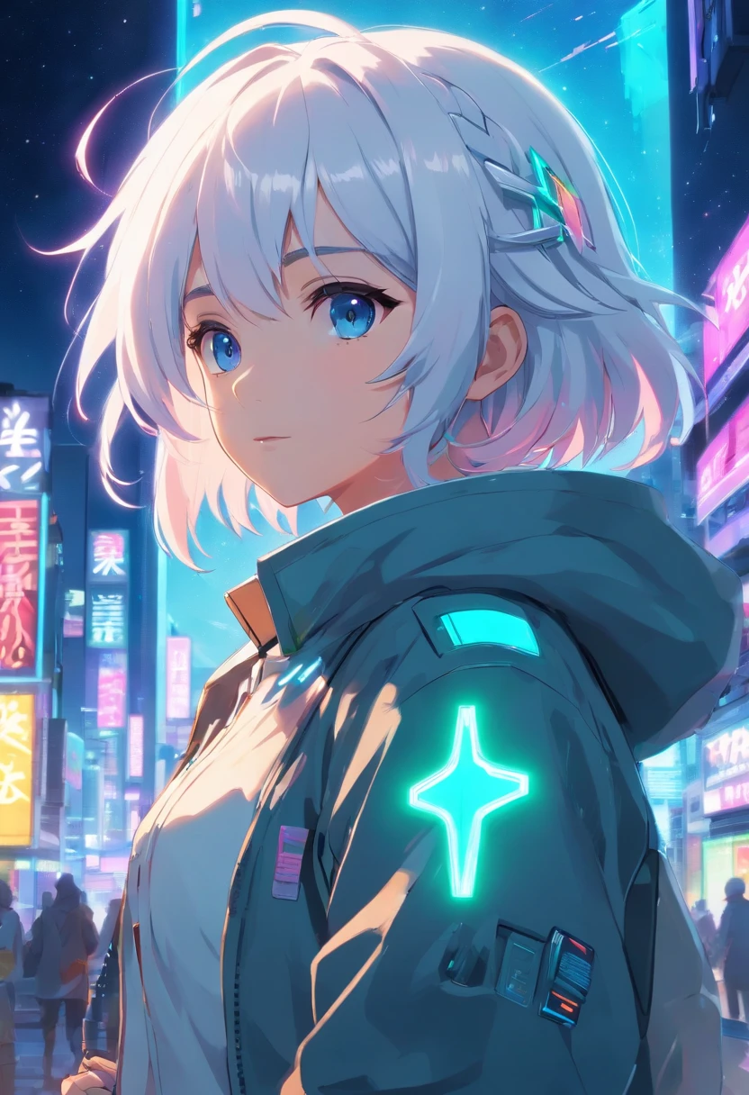 A ,white hair,Cyan hair is dyed,Long white hair,Leuchtende cyanfarbene Augen,Mechanische Tierohren,In his left hand he held a large white sword,Ganzkörperesbian,Blick in die Sterne,Chosen Ji,Cyber Punk Perssonage,Ein futuristisches,Neonlicht,Filmische Komposition,Farbe tropft,Farbenpracht,KomplexDetails,Bestes Meisterwerk,Highest picture quality,8k resolution,PC-Hintergrundbilder,Bunter Sternenhimmelhintergrund