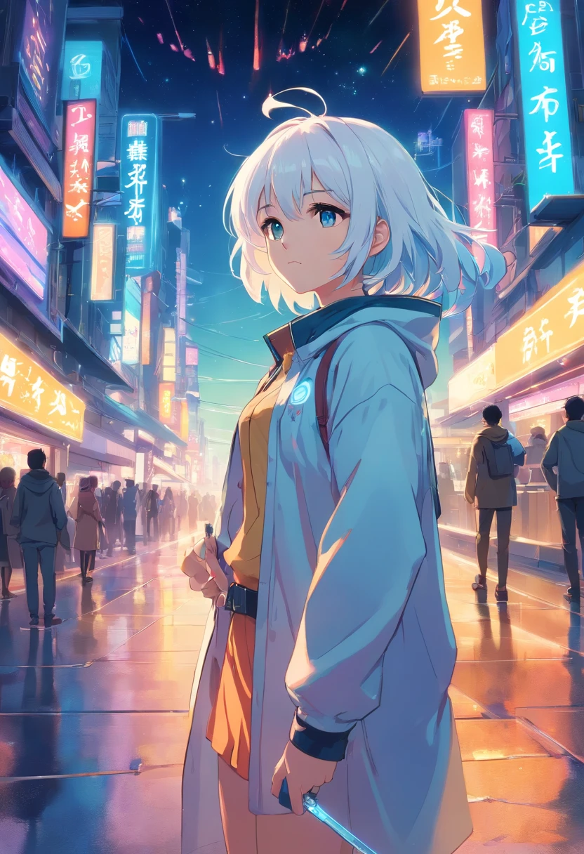 A little girl,white hair,Cyan hair is dyed,Long white hair,Leuchtende cyanfarbene Augen,Mechanische Tierohren,In his left hand he held a large white sword,Ganzkörperesbian,Blick in die Sterne,Chosen Ji,Cyber Punk Perssonage,Ein futuristisches,Neonlicht,Filmische Komposition,Farbe tropft,Farbenpracht,KomplexDetails,Bestes Meisterwerk,Highest picture quality,8k resolution,PC-Hintergrundbilder,Bunter Sternenhimmelhintergrund