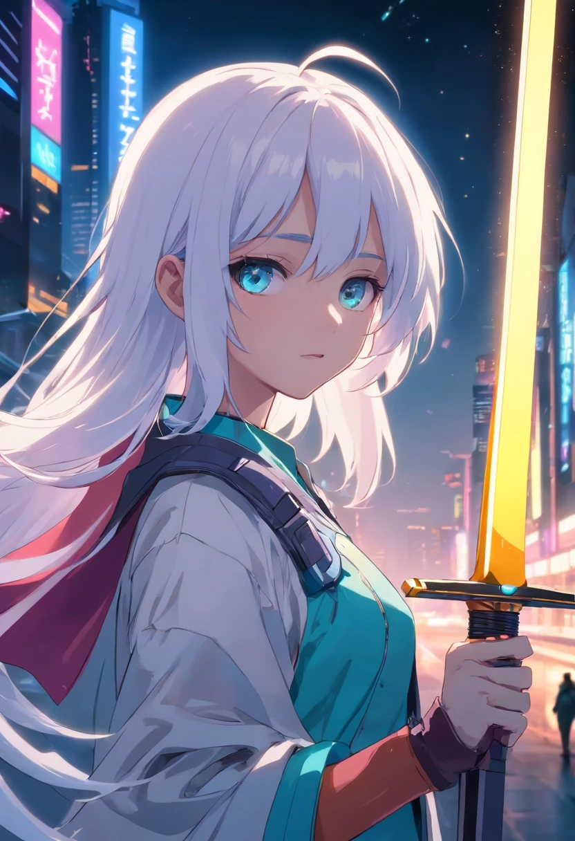 A little girl,white hair,Cyan hair is dyed,Long white hair,Leuchtende cyanfarbene Augen,Mechanische Tierohren,In his left hand he held a large white sword,Ganzkörperesbian,Blick in die Sterne,Chosen Ji,Cyber Punk Perssonage,Ein futuristisches,Neonlicht,Filmische Komposition,Farbe tropft,Farbenpracht,KomplexDetails,Bestes Meisterwerk,Highest picture quality,8k resolution,PC-Hintergrundbilder,Bunter Sternenhimmelhintergrund