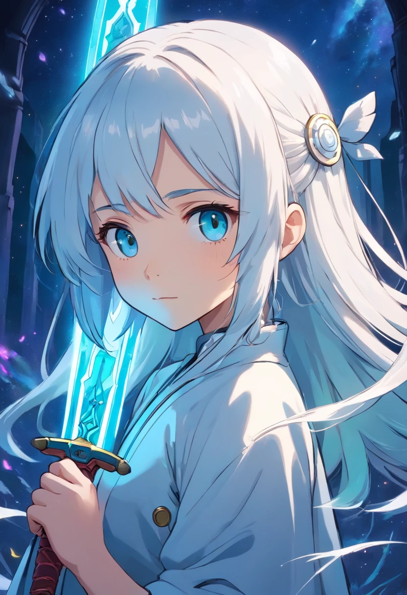 A ,white hair,Cyan hair is dyed,Long white hair,Leuchtende cyanfarbene Augen,Mechanische Tierohren,In his left hand he held a large white sword,Ganzkörperesbian,Blick in die Sterne,Chosen Ji,Cyber Punk Perssonage,Ein futuristisches,Neonlicht,Filmische Komposition,Farbe tropft,Farbenpracht,KomplexDetails,Bestes Meisterwerk,Highest picture quality,8k resolution,PC-Hintergrundbilder,Bunter Sternenhimmelhintergrund