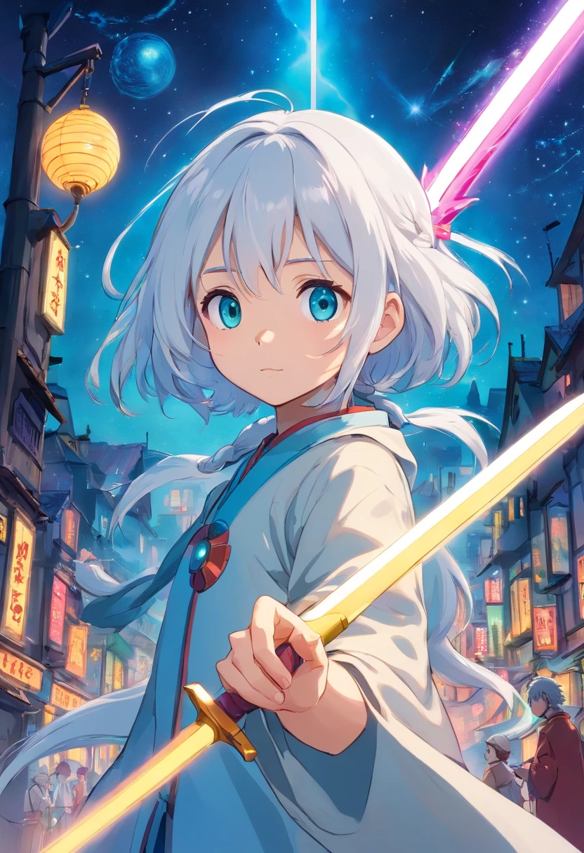 A little girl,white hair,Cyan hair is dyed,Long white hair,Leuchtende cyanfarbene Augen,Mechanische Tierohren,In his left hand he held a large white sword,Ganzkörperesbian,Blick in die Sterne,Chosen Ji,Cyber Punk Perssonage,Ein futuristisches,Neonlicht,Filmische Komposition,Farbe tropft,Farbenpracht,KomplexDetails,Bestes Meisterwerk,Highest picture quality,8k resolution,PC-Hintergrundbilder,Bunter Sternenhimmelhintergrund