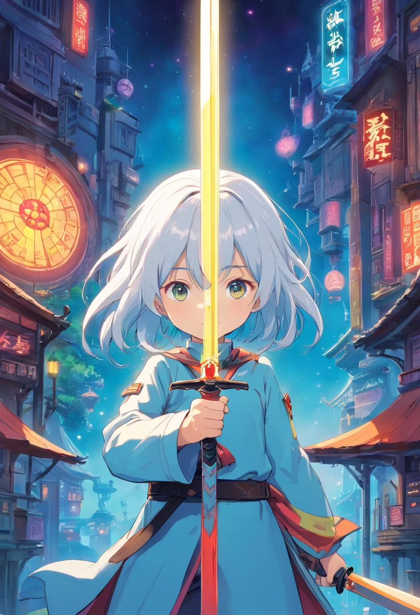 A ，white hair，Cyan hair is dyed，Long white hair，Leuchtende cyanfarbene Augen，Mechanische Tierohren，In his left hand he held a large white sword，Ganzkörperesbian，Blick in die Sterne，Chosen Ji，Cyber Punk Perssonage，Ein futuristisches，Neonlicht，Filmische Komposition，Farbe tropft，Farbenpracht，KomplexDetails，Bestes Meisterwerk，Highest picture quality，8k resolution，PC-Hintergrundbilder，Bunter Sternenhimmelhintergrund