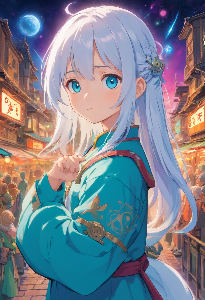 A little girl,white hair,Cyan hair is dyed,Long white hair,Leuchtende cyanfarbene Augen,Mechanische Tierohren,In his left hand he held a large white sword,Ganzkörperesbian,Blick in die Sterne,Chosen Ji,Cyber Punk Perssonage,Ein futuristisches,Neonlicht,Filmische Komposition,Farbe tropft,Farbenpracht,KomplexDetails,Bestes Meisterwerk,Highest picture quality,8k resolution,PC-Hintergrundbilder,Bunter Sternenhimmelhintergrund