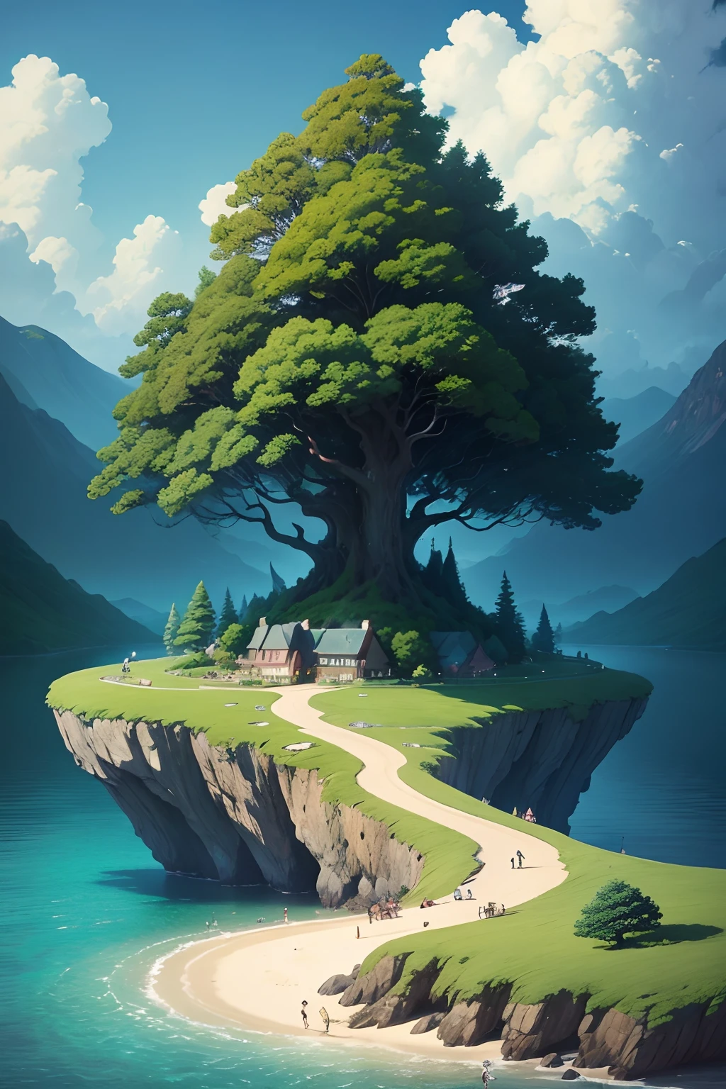 Create a surreal, dreamlike landscape inspired by the films of Studio Ghibli, with vibrant colors, lush foliage, and fantastical creatures. a painting of a house on a small island with a tree, studio ghibli sky, rhads and lois van baarle, studio ghibli landscape, angus , in a serene landscape, by Lars Jonson Haukaness, island landscape, studio ghibli smooth concept art, stålenhag, by Kees Maks, peaceful landscape, studio ghibli composition The fictional landscapes that serve as the backdrops for the films of Studio Ghibli are bursting with inventiveness and creativity, whether it's the otherworldly sights of Spirited Away or the lush forests of My Neighbour Totoro. These are cinematic creations unlike any other and a testament to the talent and imagination of their creators.