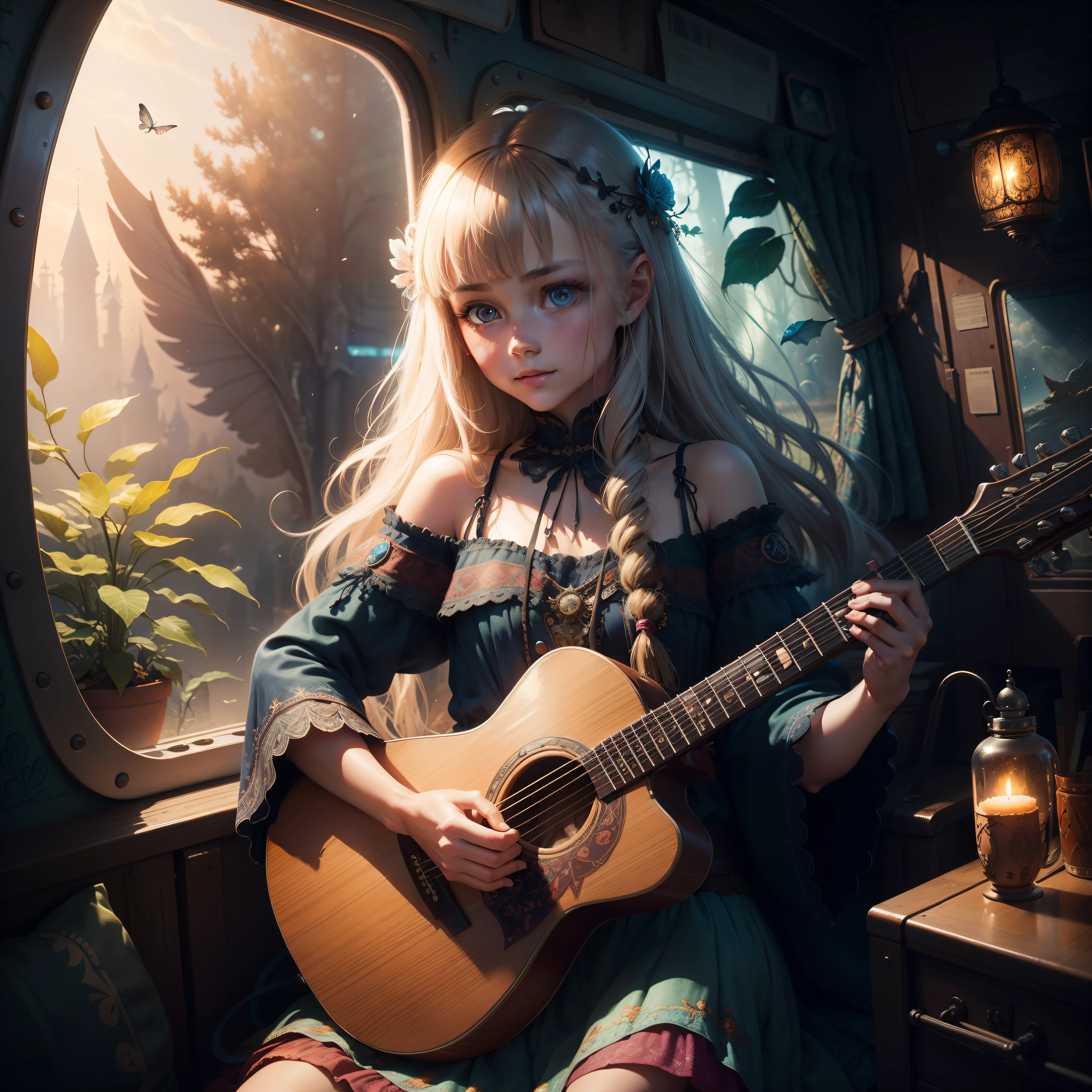 two parts in one art , double exposure, , best quality, dark tales, hippie, boho style, 1960th fashioned, Happy girl playing guitar travelling to nowhere , hippie bus, Craola , Dan Mumford, Andy Kehoe, 2d, flat, cute, adorable, vintage, art on a cracked paper, fairytale, patchwork, stained glass, storybook detailed illustration, cinematic, ultra highly detailed, tiny details, beautiful details, mystical, luminism, vibrant colors, complex background, Mysterious