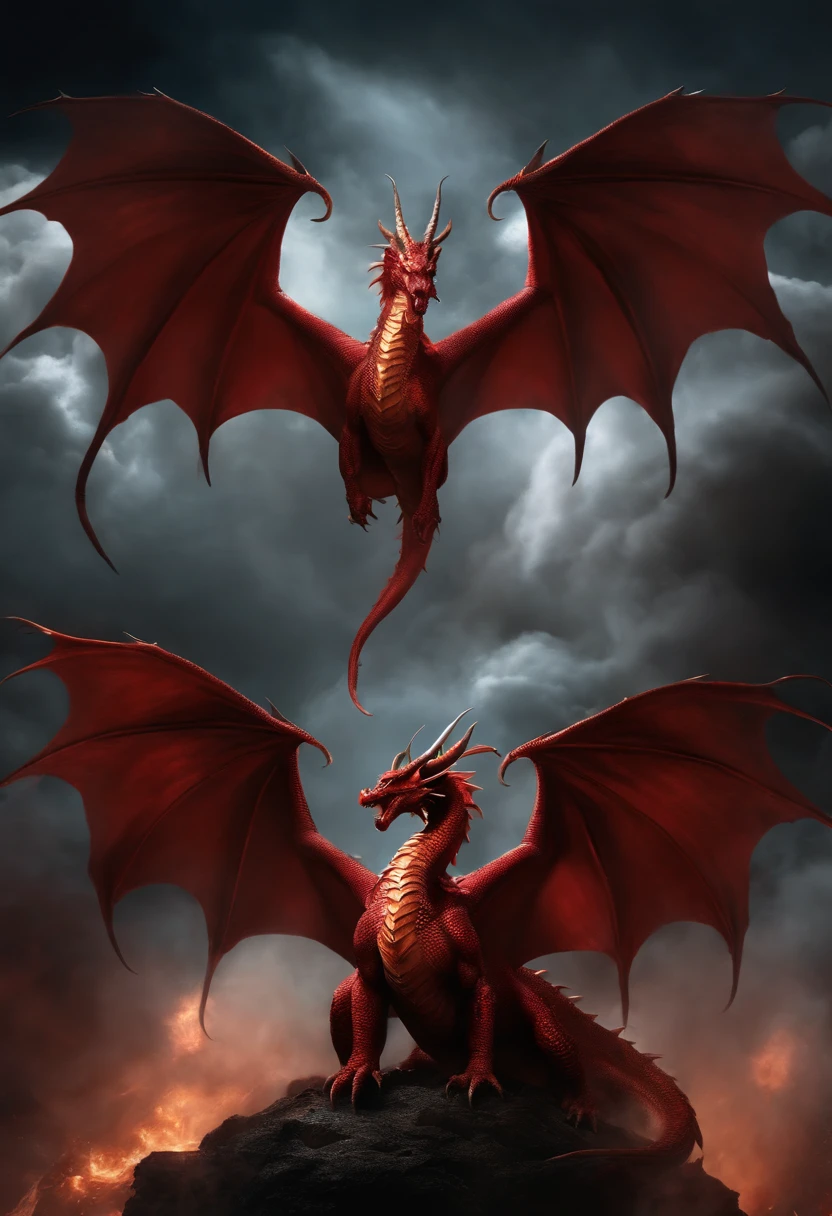 wonder in heaven; a great red dragon, having seven heads and ten horns, and seven crowns upon his heads. Dark smoke around body, shine heaven background, detailed, cinematic, fantasy