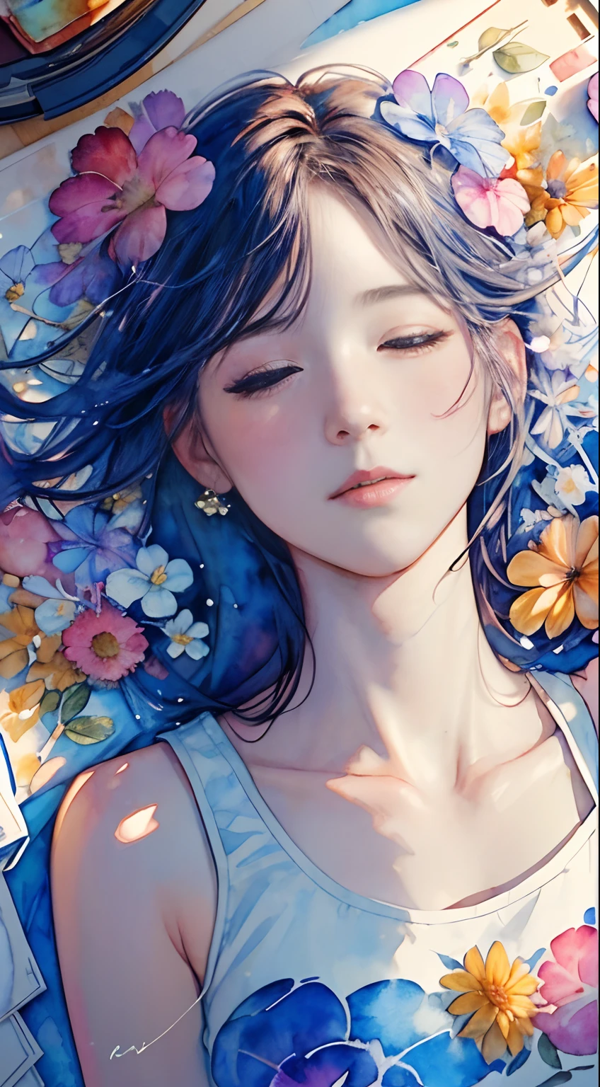 8K,​masterpiece,top-quality, head shot,(Shoot from above:1.6),Dynamic Pose,30 years old 1 girl, Portrait, Floral, watercolor sketch, light, Long hair, watercolor paiting \(Medium\),watercolor paiting,Tank Tops,Lying down and sleeping in a flower garden