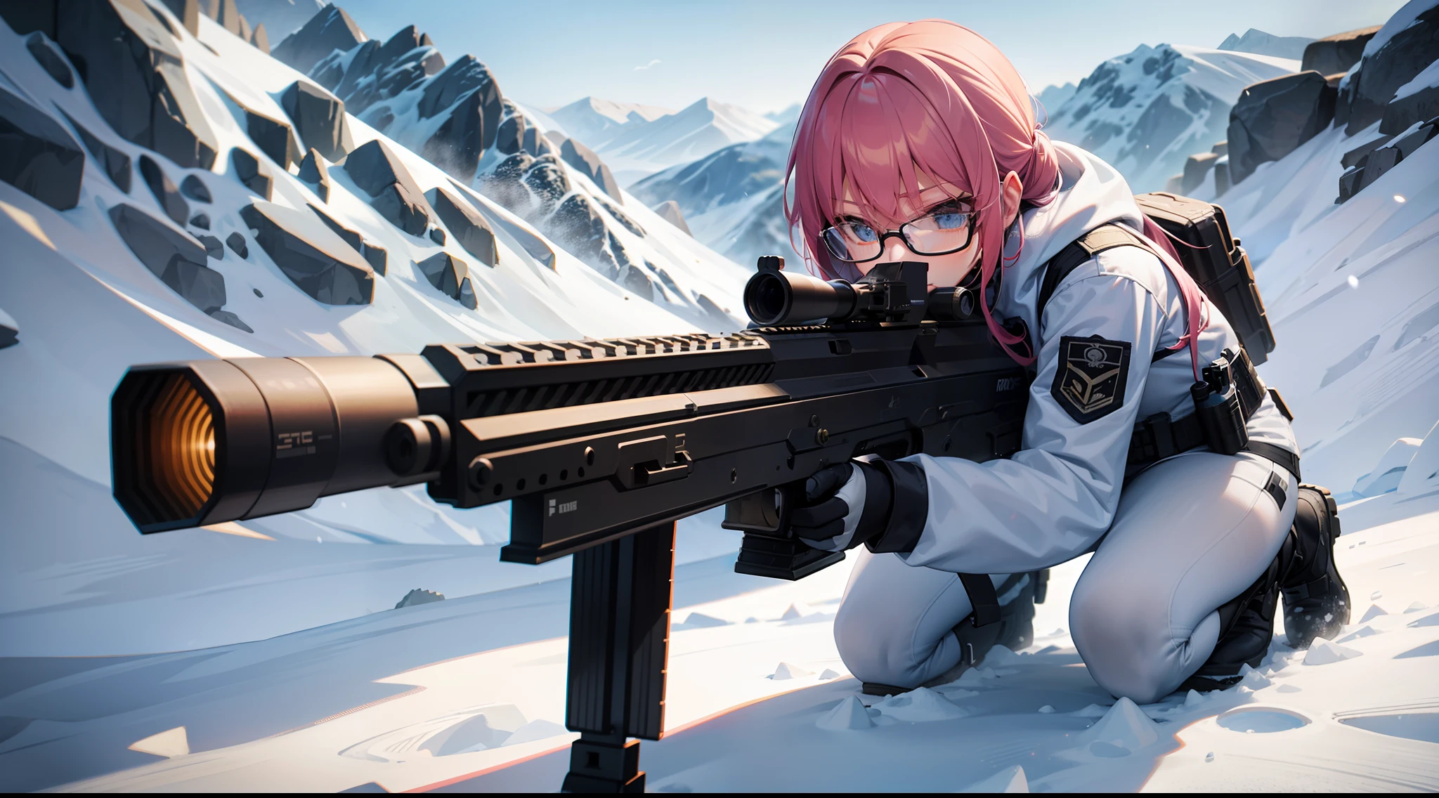 gun girl, special force, special operation, aiming at the enemy, assault rifle, white clothes, snow mountain, full body